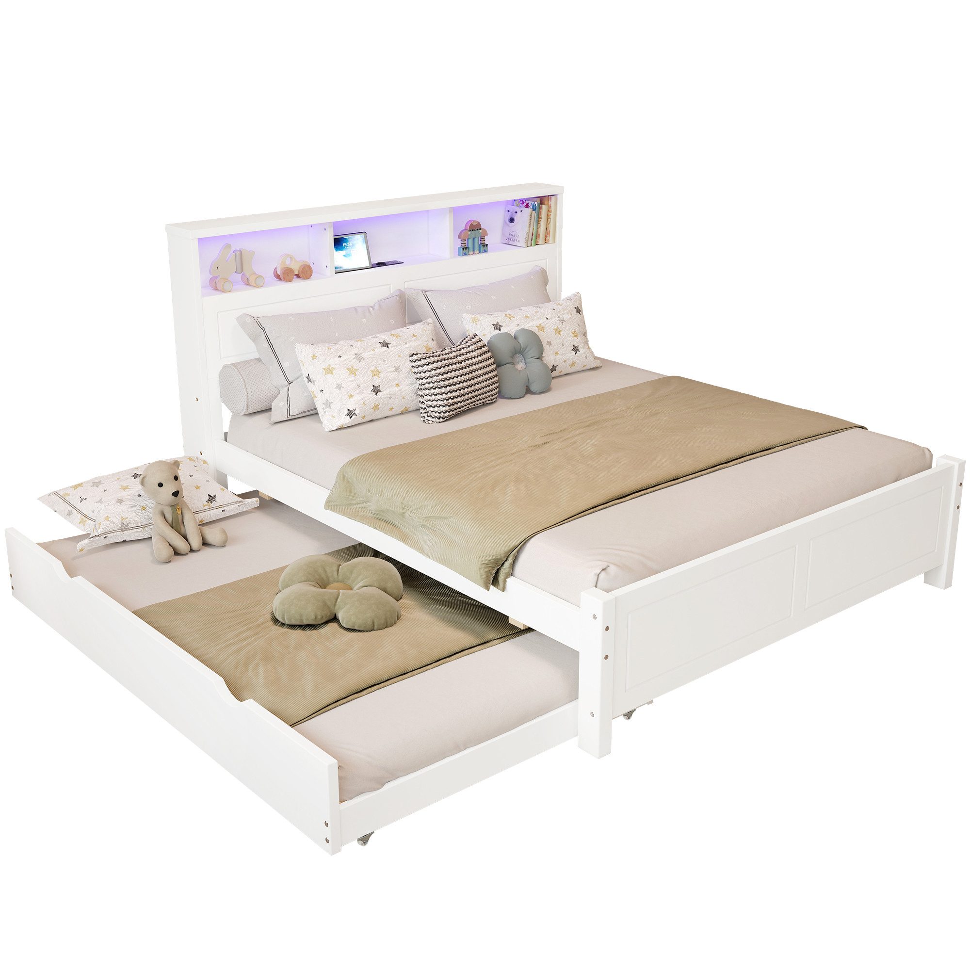 OKWISH Holzbett Doppelbett Kinderbett (Familienbett mit Ausziehbett, LED-Um günstig online kaufen