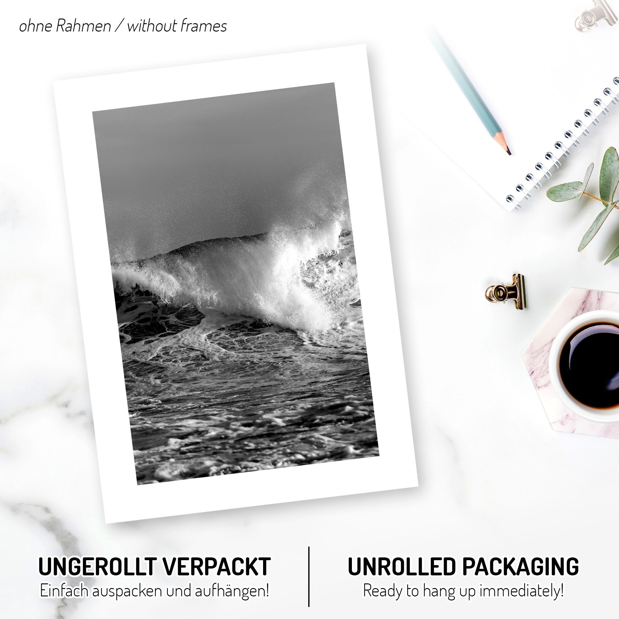 Kreative Feder Poster, Natur, Landschaft, Meer, Küste, Welle, Wasser (Set, 3 St), 3-teiliges Poster-Set, Wandbild, optional mit Rahmen, DIN A4 oder A3