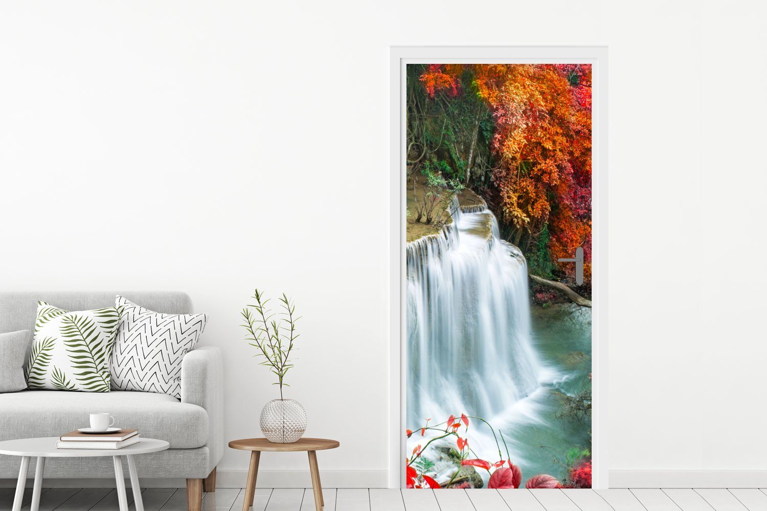 75x205 Fototapete Wasserfall - Natur, - St), Türaufkleber, (1 MuchoWow Bäume - Tür, cm Türtapete Matt, bedruckt, Herbst für