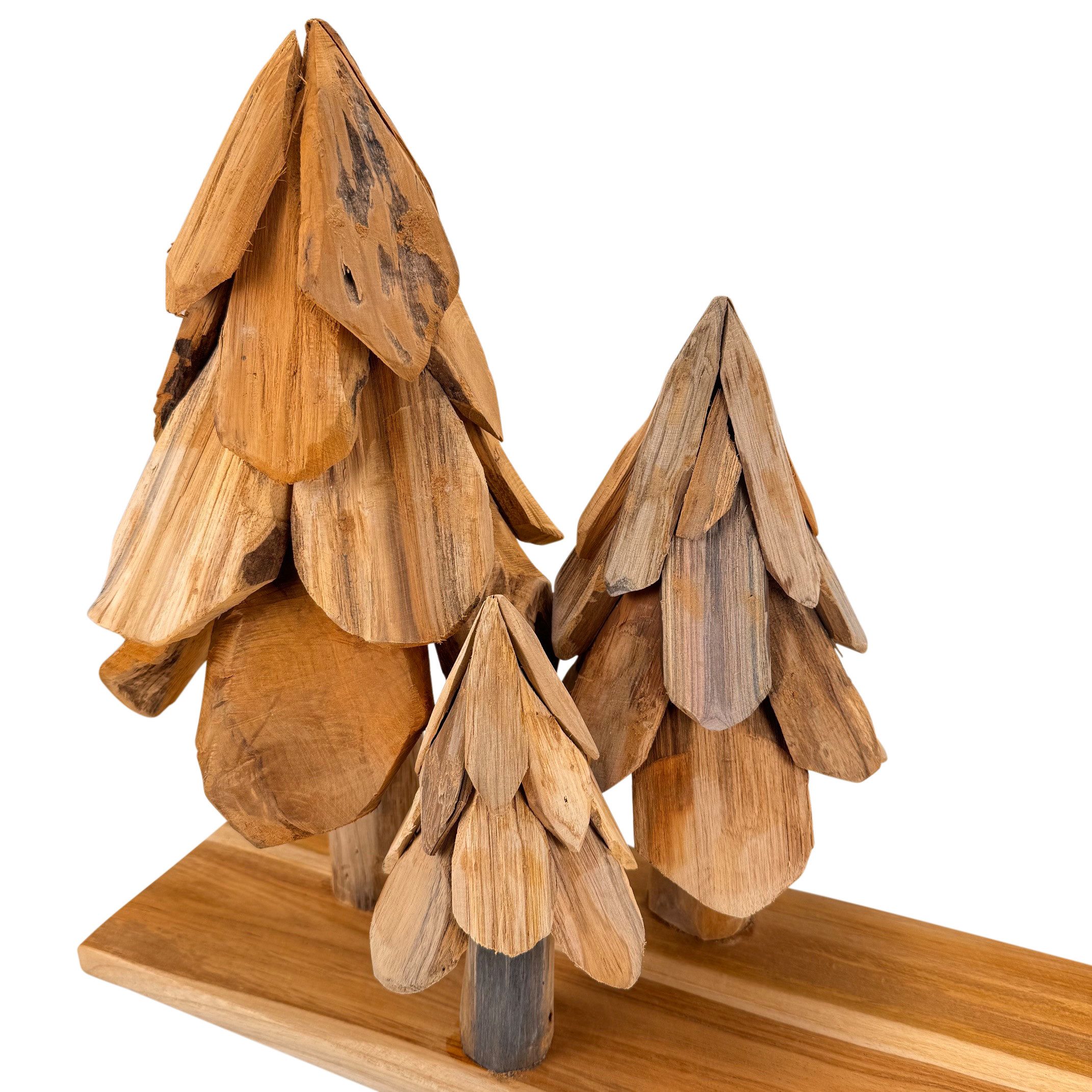 Online-Fuchs Dekotablett länglich aus Teakholz - DIY Deko für Herbst, Winter & Weihnachten (mit 3 handgeschnitzten Tannenbäumen, 20, 30 und 40 cm hoch), schafft – Bild 4 von 5