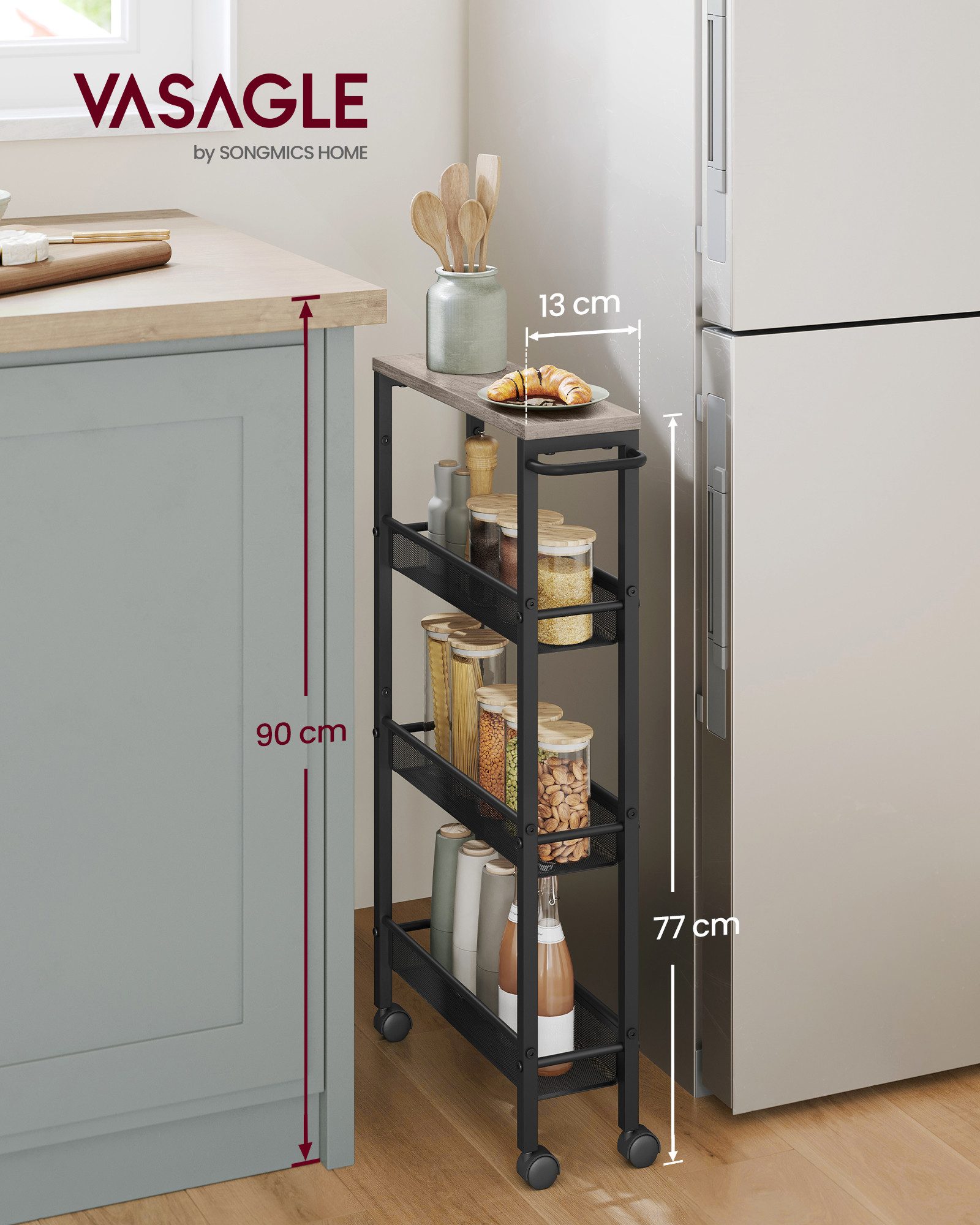 VASAGLE Beistellwagen, Rollwagen 4 Ebenen, Küchenwagen schmal, Nischenregal günstig online kaufen