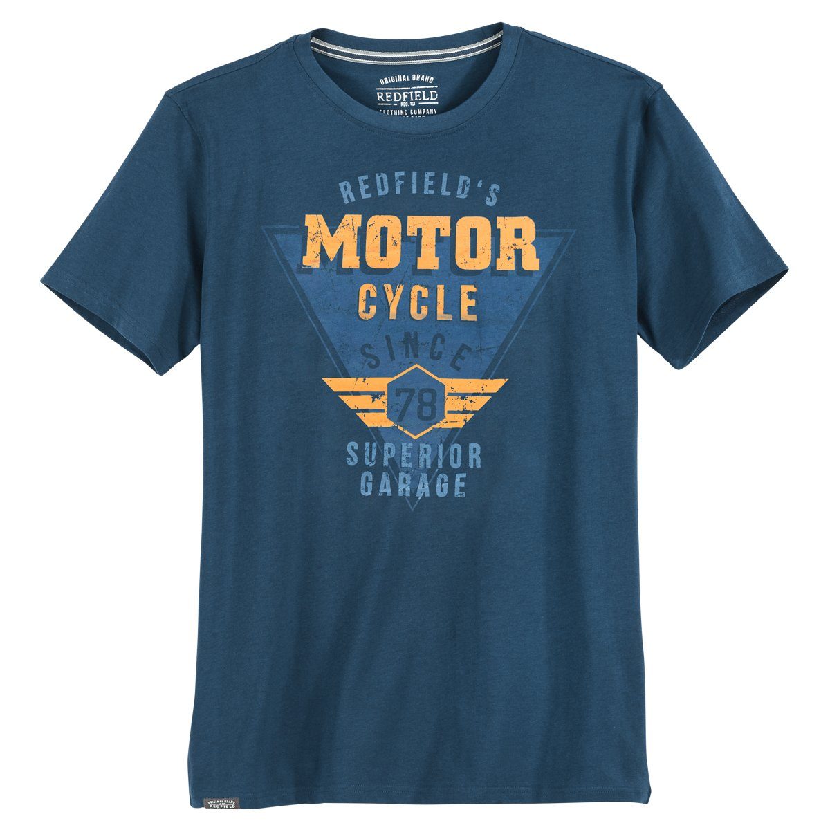 redfield Rundhalsshirt Übergrößen T-Shirt blau Vintageprint Motor Cycle Redfield