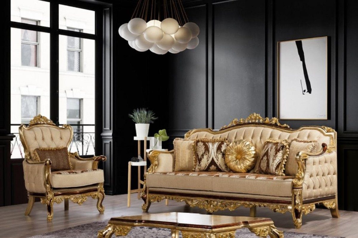 Casa - Barock Sessel Sessel / Sessel Prunkvoller Braun Gold mit Muster Barock / Möbel Padrino Wohnzimmer Wohnzimmer Luxus Beige -
