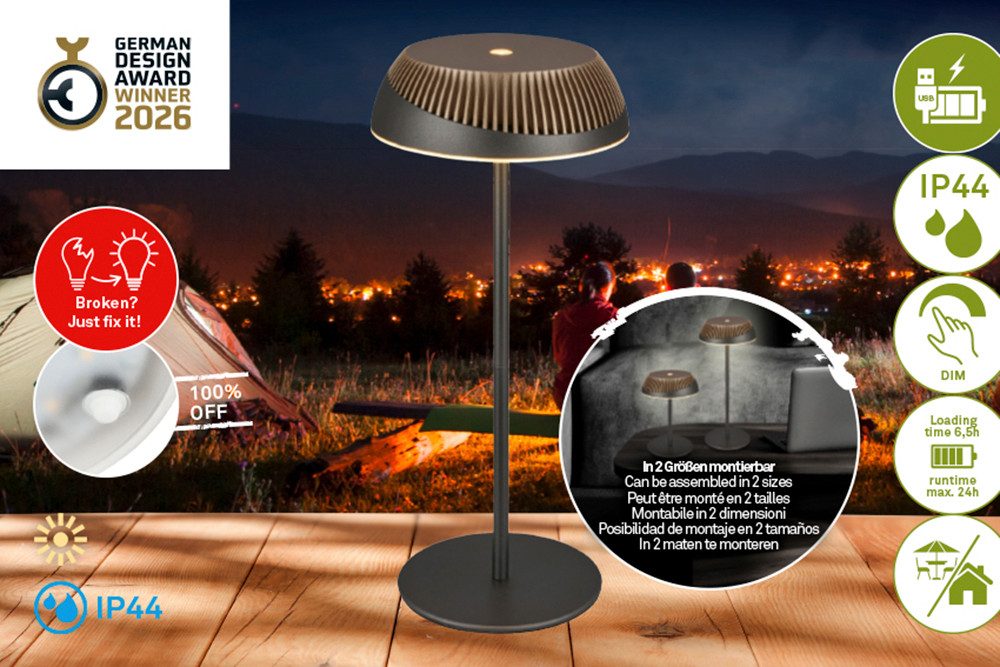 Briloner Leuchten LED Tischleuchte ALUSTA, LED fest integriert, 14x32 cm, Akku tauschbar, Indoor/Outdoor, Wohnzimmer, Flur, Balkon