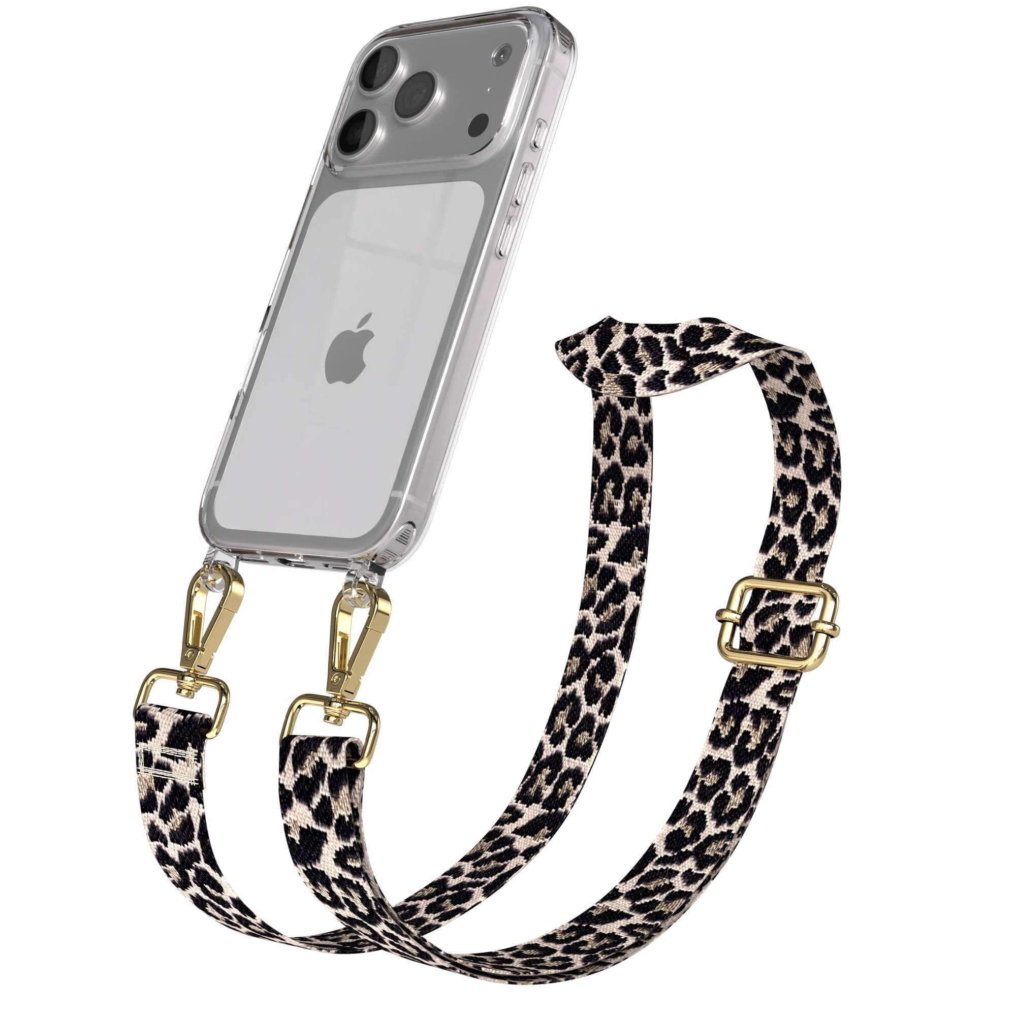 EAZY CASE Handykette Silikonhülle mit Kette für Apple iPhone 17 Pro 6,3 Zoll, Body Bag Leo Wechselband Ersatzgurt klare Hülle Silicon Schwarz Beige