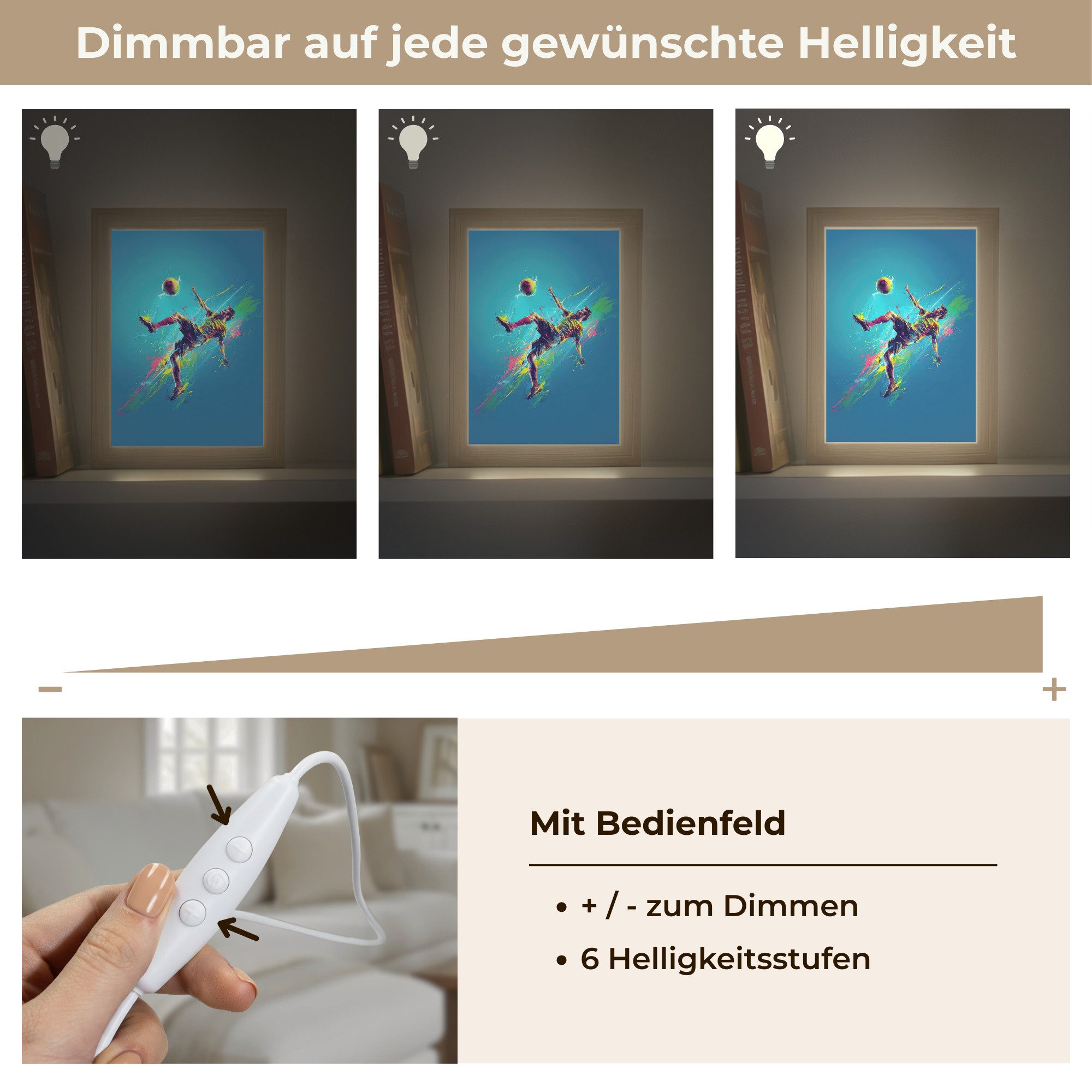 OnlyWow Wandleuchte Lightbox Fußballer - Farbspritzer - Farbenfroh - Ball - Jungen, Dimmbar, Farbwechsel, LED, Warmweiß, Kaltweiß, Neutralweiß Einstellbar, Wandlampe Innen, Dimmbar, mit Kabel, LED, Beleuchtung, Kinderzimmer