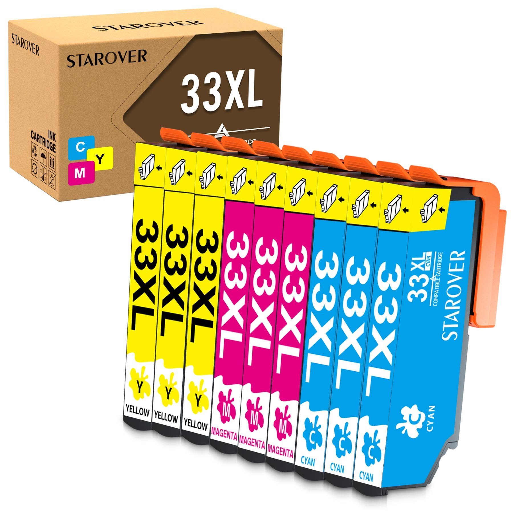ONLYU Multipack für EPSON 33 XL Cyan,Magenta,Gelb Tintenpatrone (Expression Premium XP-530 XP-540 XP-630 XP-635 XP-640, XP-645 XP-7100 XP-830 XP-900 Serie Drucker) 3Cyan,3Magenta,3Gelb