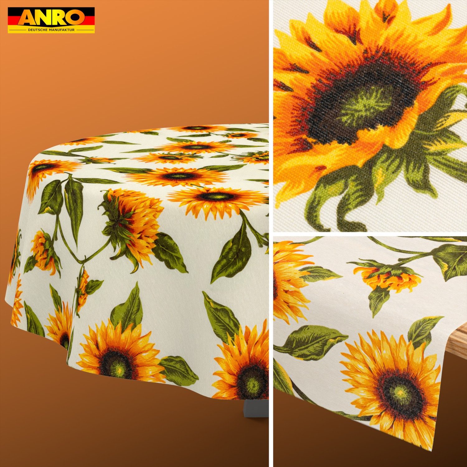 ANRO Tischdecke abwaschbar Baumwolloptik Sonnenblumen Gelb wetterfest (Einzelstück 1-tlg, eine Tischdecke), Stofftischdecke schmutzabweisend 160x140cm Sonnenblumen Gelb