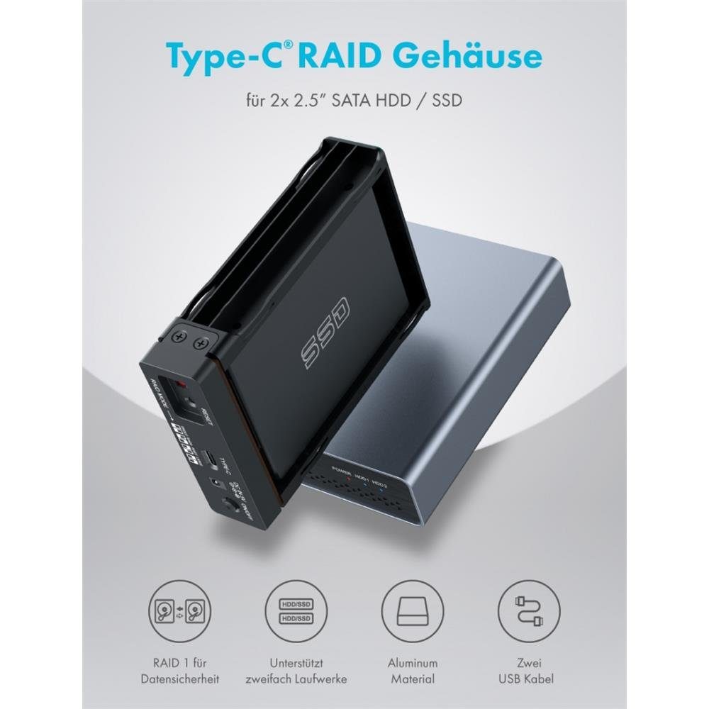 GRAUGEAR Festplatten-Gehäuse G-25RD2-AC-10G, externes Type C Raid Gehäuse  2x 2,5" HDD/SSD USB 3.2 Netzteil
