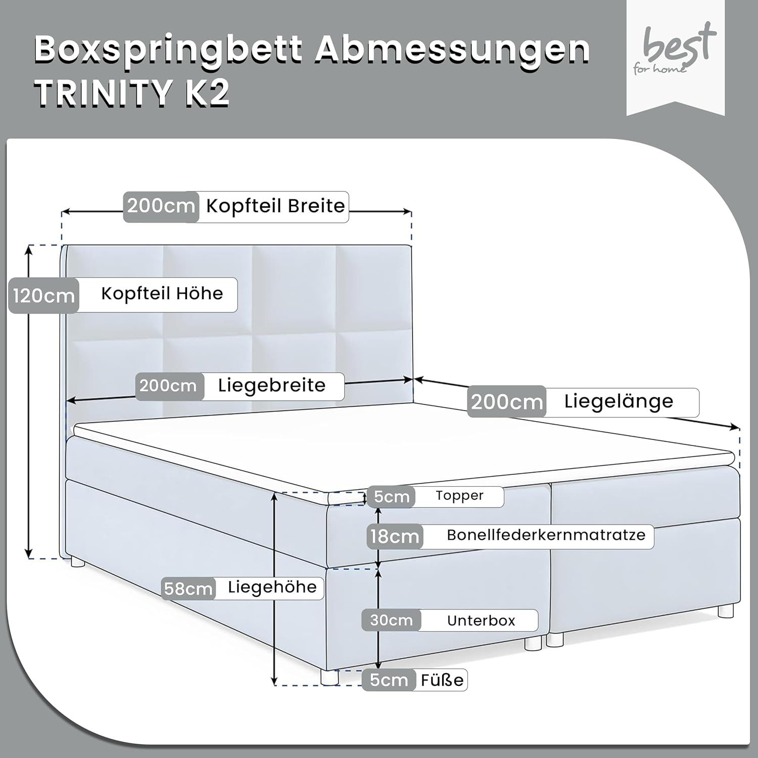 Best for Home Boxspringbett mit Bettkasten Trinity K2 Bonell-Matratze inkl. Komfort Topper (Polsterbett Doppelbett Boxbett mit gepolstertes Kopfteil, versch. Größen, 140x200 160x200 180x200 200x200 cm), Handwerksqualität, TOP Preis-Leistungs-Verhältnis