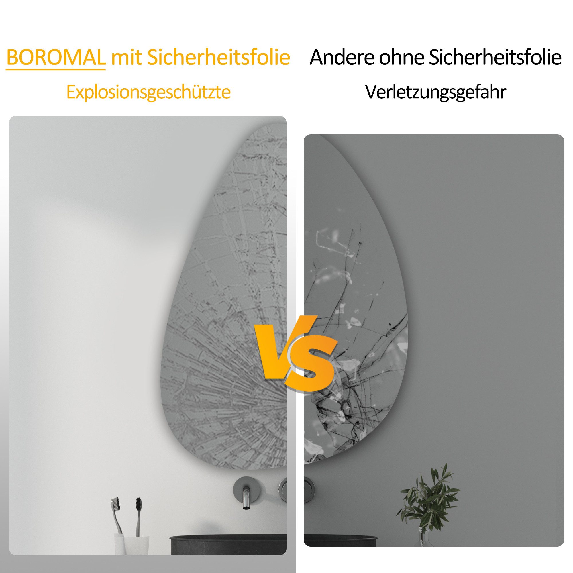 WDWRITTI Badspiegel Asymmetrisch 45x70cm Badezimmerspiegel ohne Beleuchtung Modern (Wandspiegel Rahmenlos, Wassertropfen), HD, explosionsgeschützt, umweltfreundlich