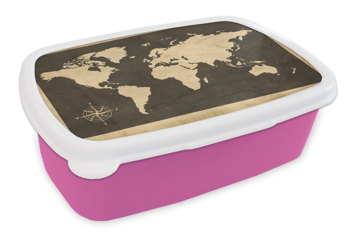 MuchoWow Lunchbox Weltkarte - Kompassrose - Vintage, Kunststoff, (2-tlg), Brotbox für Erwachsene, Brotdose Kinder, Snackbox, Mädchen, Kunststoff rosa