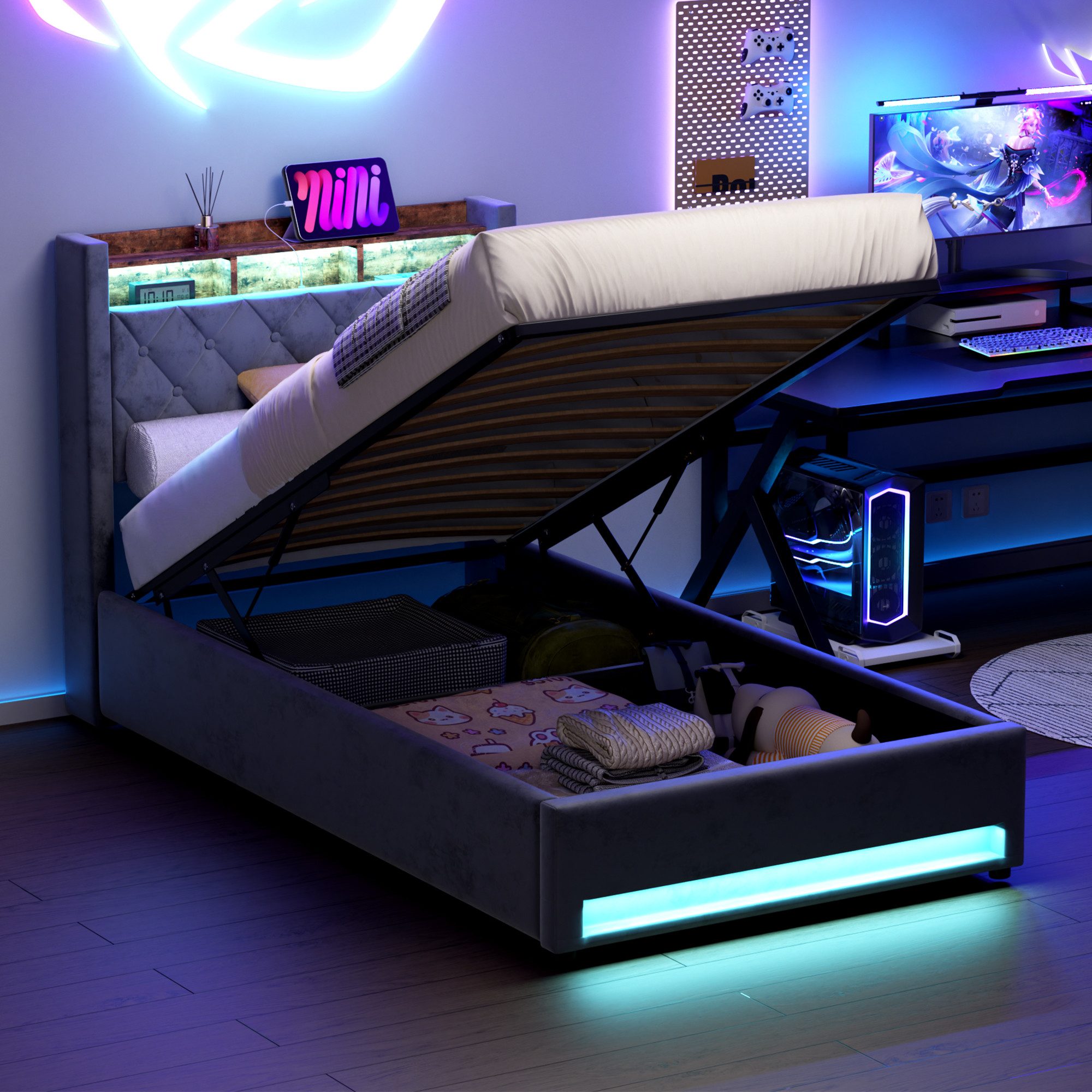 MODFU Polsterbett Funktionsbett Stauraumbett Gästebett (Stilvolles Polsterb günstig online kaufen