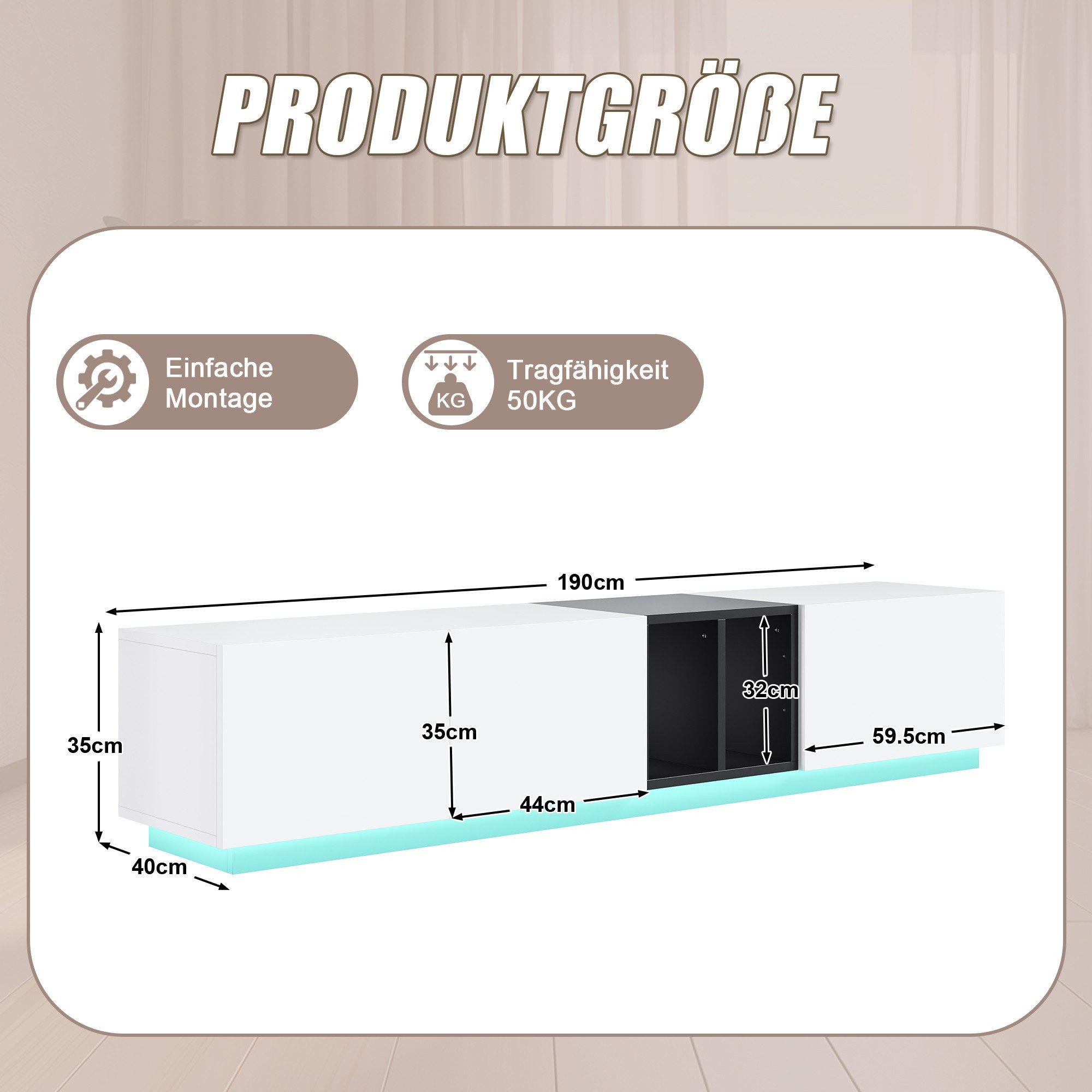 LVHOM TV-Schrank 190 cm, TV-Lowboard, LED-Beleuchtung, unterteilter Stauraum (Eine Schublade (Soft-Close-Funktion) + zwei offene Staufächer, + vier geschlossene Staufächer (höhenverstellbar), Holzrahmen + quadratischer Sockel, Tragkraft 50 kg, leicht zu reinigen, modernes schwarz-weißes Farbschema, geeignet für verschiedene Wohnzimmerstile) geeignet für verschiedene Wohnungsstile