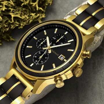 Holzwerk Chronograph NAGOLD Herren Edelstahl & Holz Armband Uhr, gold, schwarz
