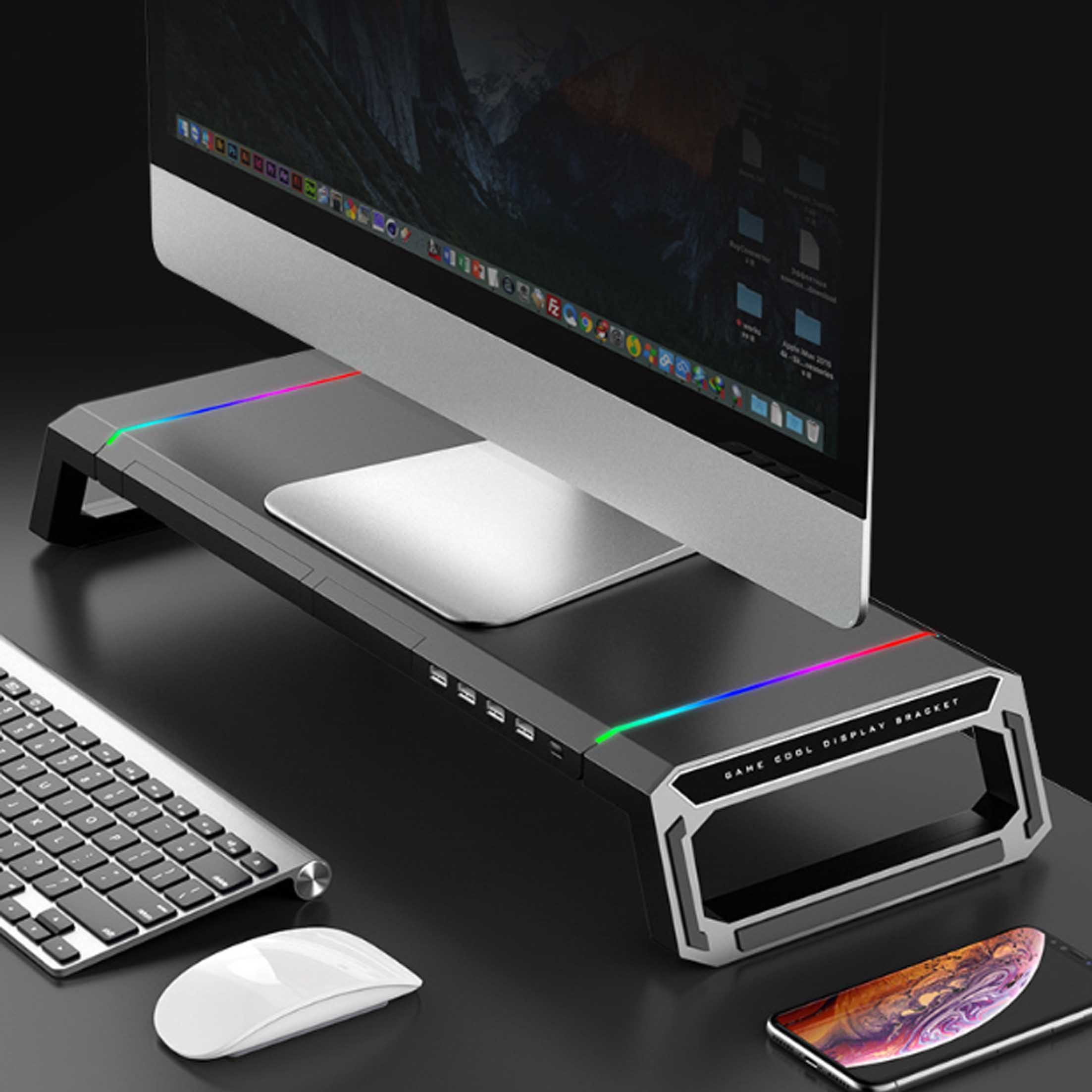 KINSI Monitor-Halterung Monitorständer mit Schublade, RGB LED, USB Hub, Schreibtisch Organizer, (mit 9 Lichteffekten, mit vier USB-Erweiterungsanschlüssen)