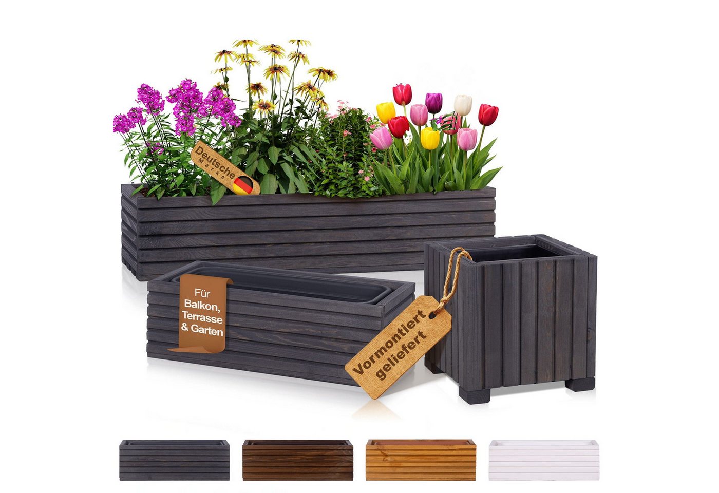 BooGardi Pflanzkübel Balkonkasten Blumenkasten mit Kunststoffeinsatz (Pflanzkasten · Anthrazit 44x20x14cm · 4 Farben · 3 Größen), Pflanzgefäß für Fensterbank · Balkon · Garten · Terrasse