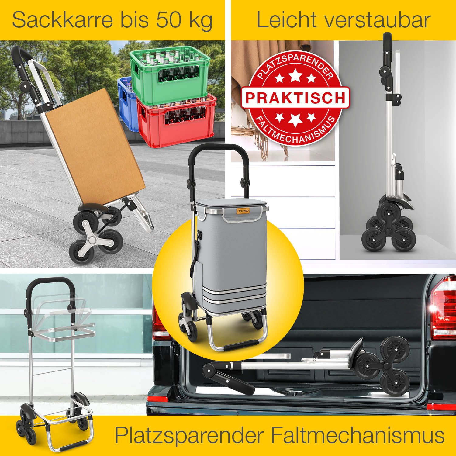 ELONEO Einkaufstrolley ELONEO Einkaufstrolley Treppensteiger, 56L Volumen, 3×3 Radsystem, Mit HängFix zum Anhängen an den Einkaufswagen