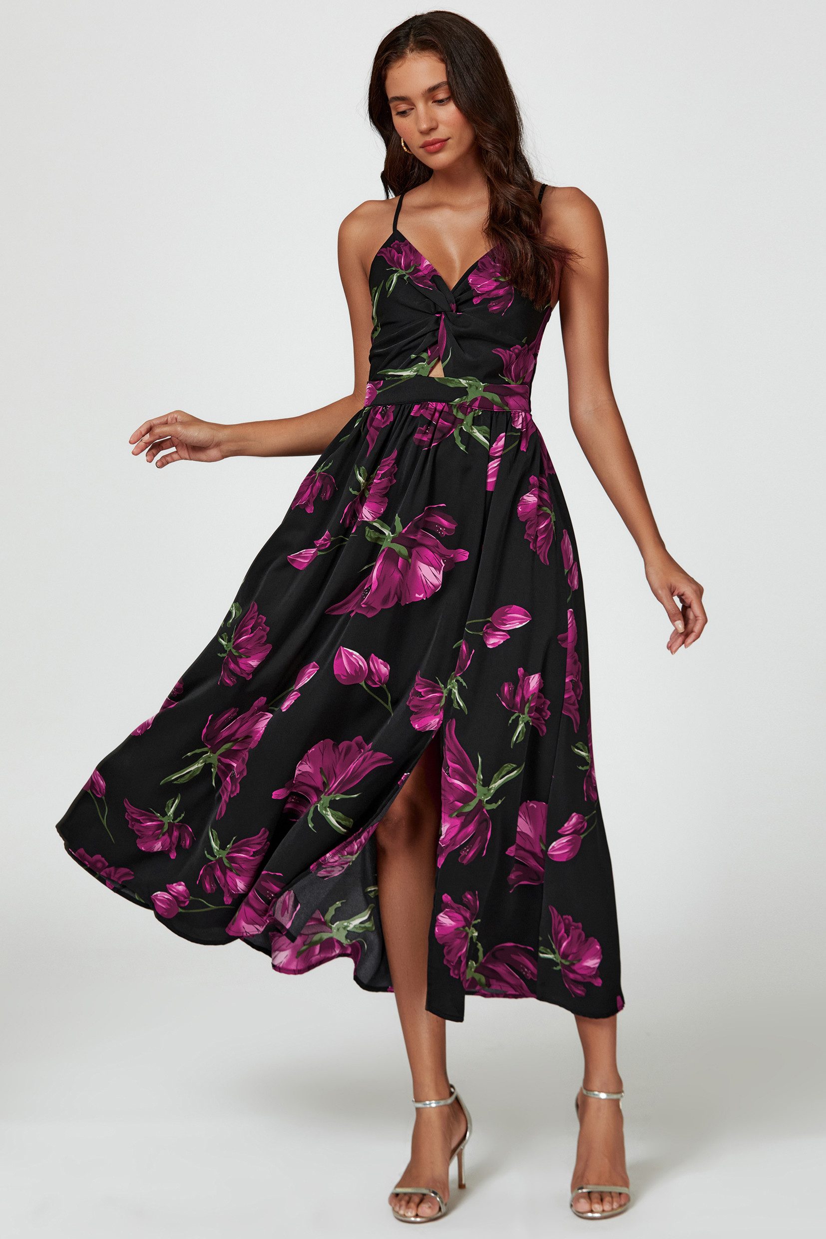 FS Collection Trägerkleid Damen Midikleid Sommerkleid Spaghettiträgerkleid Partykleid (XS (EU:36 / UK:8) · S (EU:38 / UK:10) · M (EU:40 / UK:12) · L (EU:42 / UK:14) · XL (EU:44 / UK:16) Twist-Detail vorne, Beinschlitz, Rückenbindeband, floraler Print