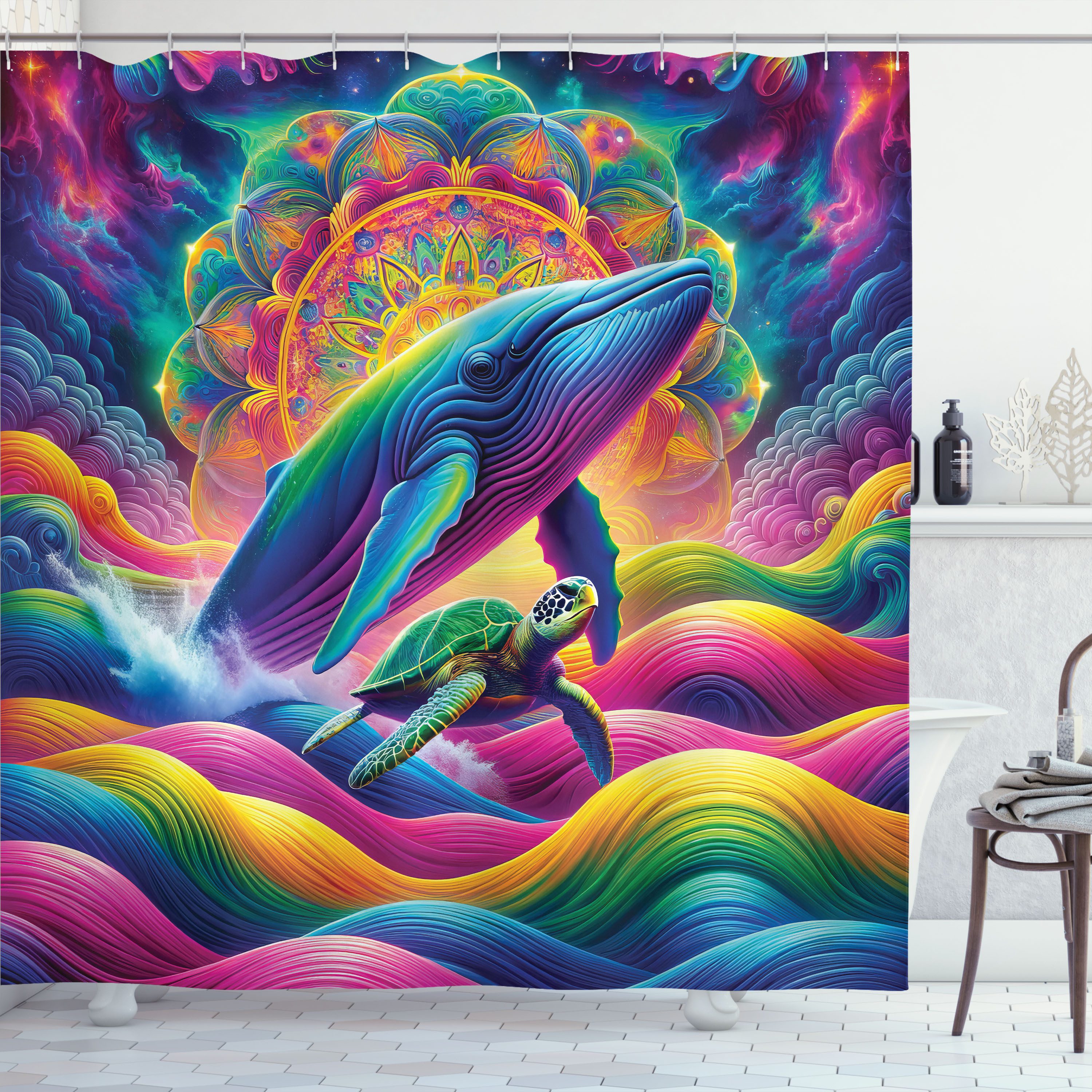 Abakuhaus Duschvorhang Moderner Digitaldruck mit 12 Haken auf Stoff Wasser Resistent Breite 175 cm, Höhe 180 cm, Nautisch Psychedelische Regenbogenfarben