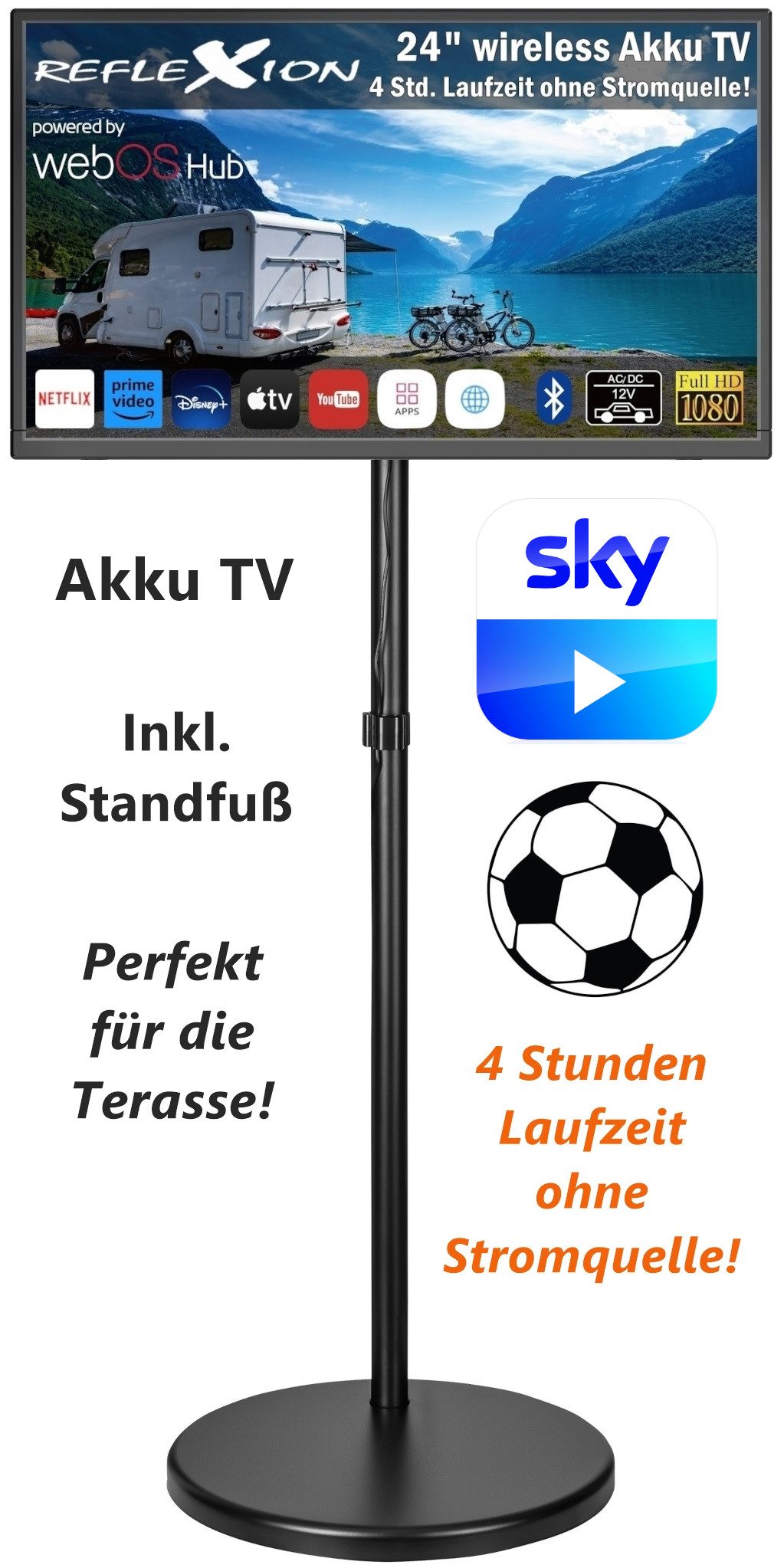 Reflexion LEDA24OSBT LED-Fernseher (60,00 cm/24 Zoll, Full HD, Smart-TV, powered by webOS Hub (LG), DC 12 Volt, Netzteil 230 Volt, Akku-TV, DVB-T2HD/S2/C, Bluetooth, WLAN)