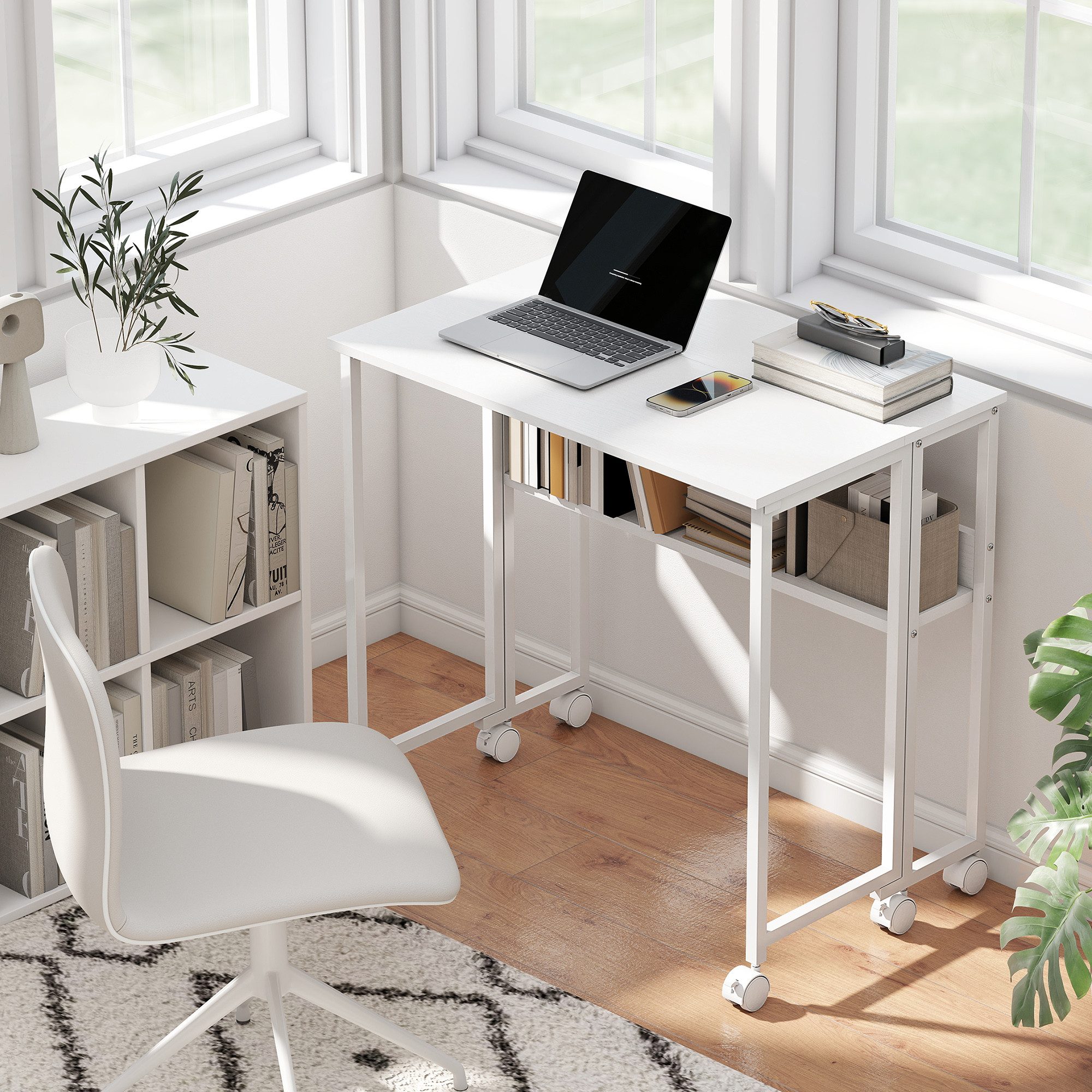 HOMCOM Schreibtisch klappbarer (Klappschreibtisch, 1-St., Platzsparend Computertisch), mit Regal, Aufbewahrungstasche, für Home Office, Weiß