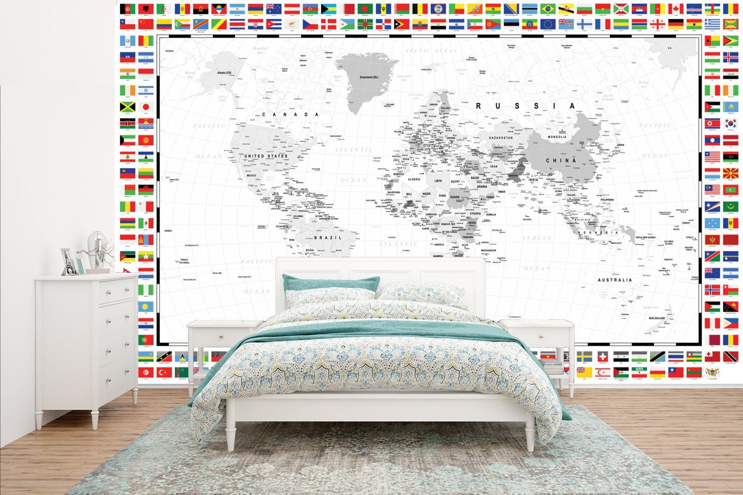 MuchoWow Fototapete Weltkarte - Schwarz - Weiß - Flagge, Matt, bedruckt, (8 St), Wallpaper für Wohnzimmer, Schlafzimmer, Kinderzimmer, Vinyl Tapete