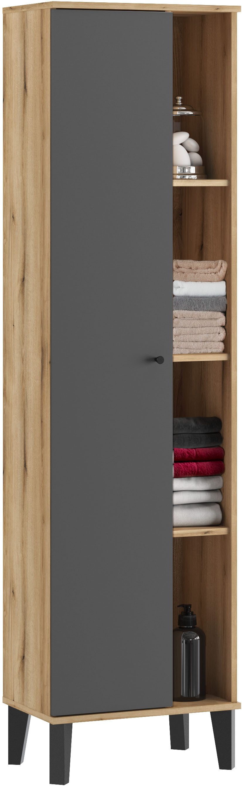 Home affaire Stauraumschrank Oslo, Badschrank mit Knopfgriff, Hochschrank im skandinavischen Design in der Türfarbe Weiß oder Grau verfügbar, ausreichend Staura – Bild 5 von 5