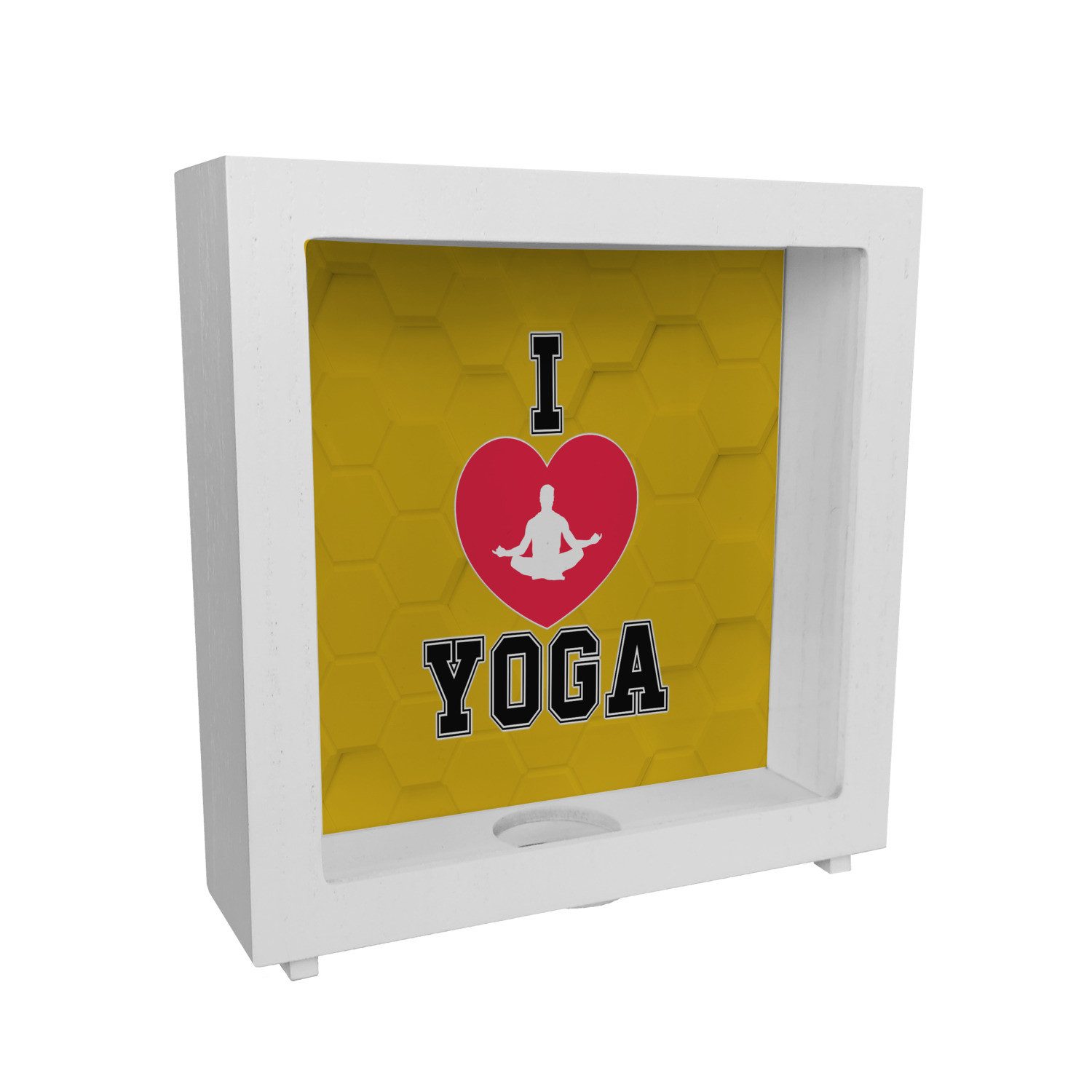 Spardose I love Yoga Rahmen Spardose aus Holz in Gelb für Yogalehrer