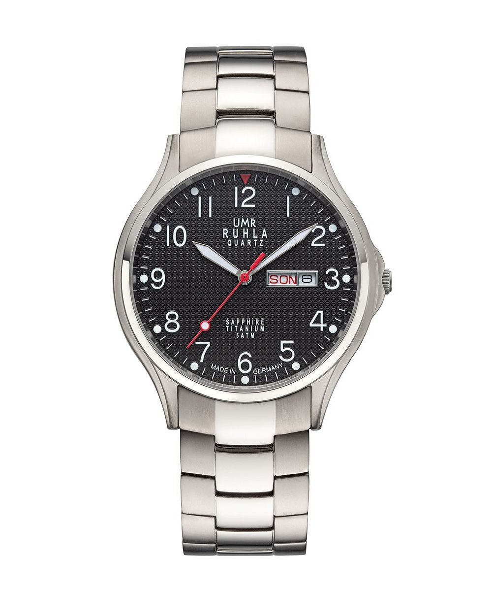 UMR Ruhla Quarzuhr Classic Herrenuhr - Schwarzes Zifferblatt, Titanband, 40 mm 90409, Made in Germany