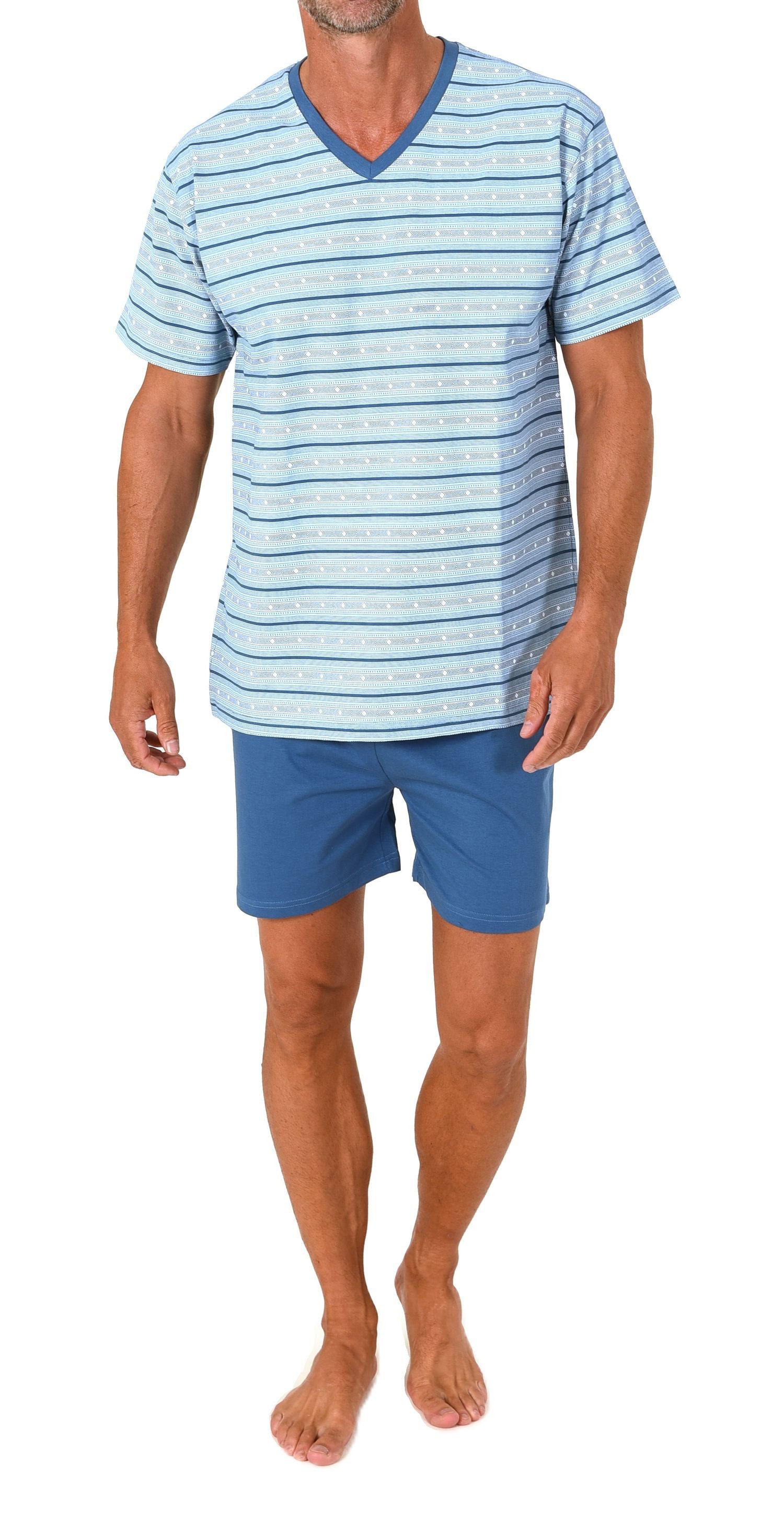 Normann Pyjama Normann Herren kurzarm Schlafanzug Shorty in Streifenoptik und V-Hals