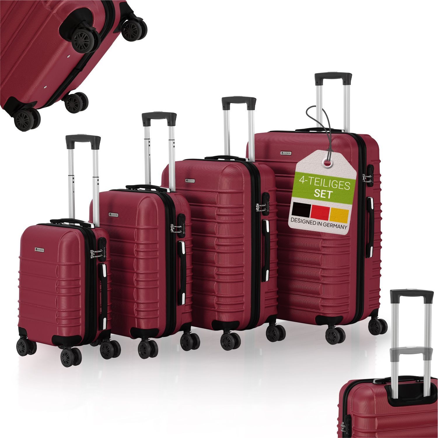 Juskys Trolleyset Rom, 4 Rollen, (4 tlg., 4-teilig), 4 Koffer, 360° Rollen, robuste Hartschale, mit Zahlenschloss