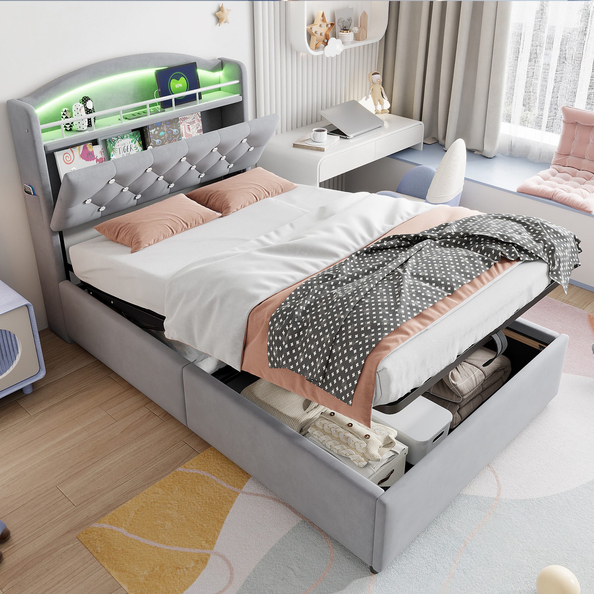 Odikalo Stauraumbett Polsterbett Einzelbett Bettgestell Kopfteil USB Stauraum 90x200 Grau