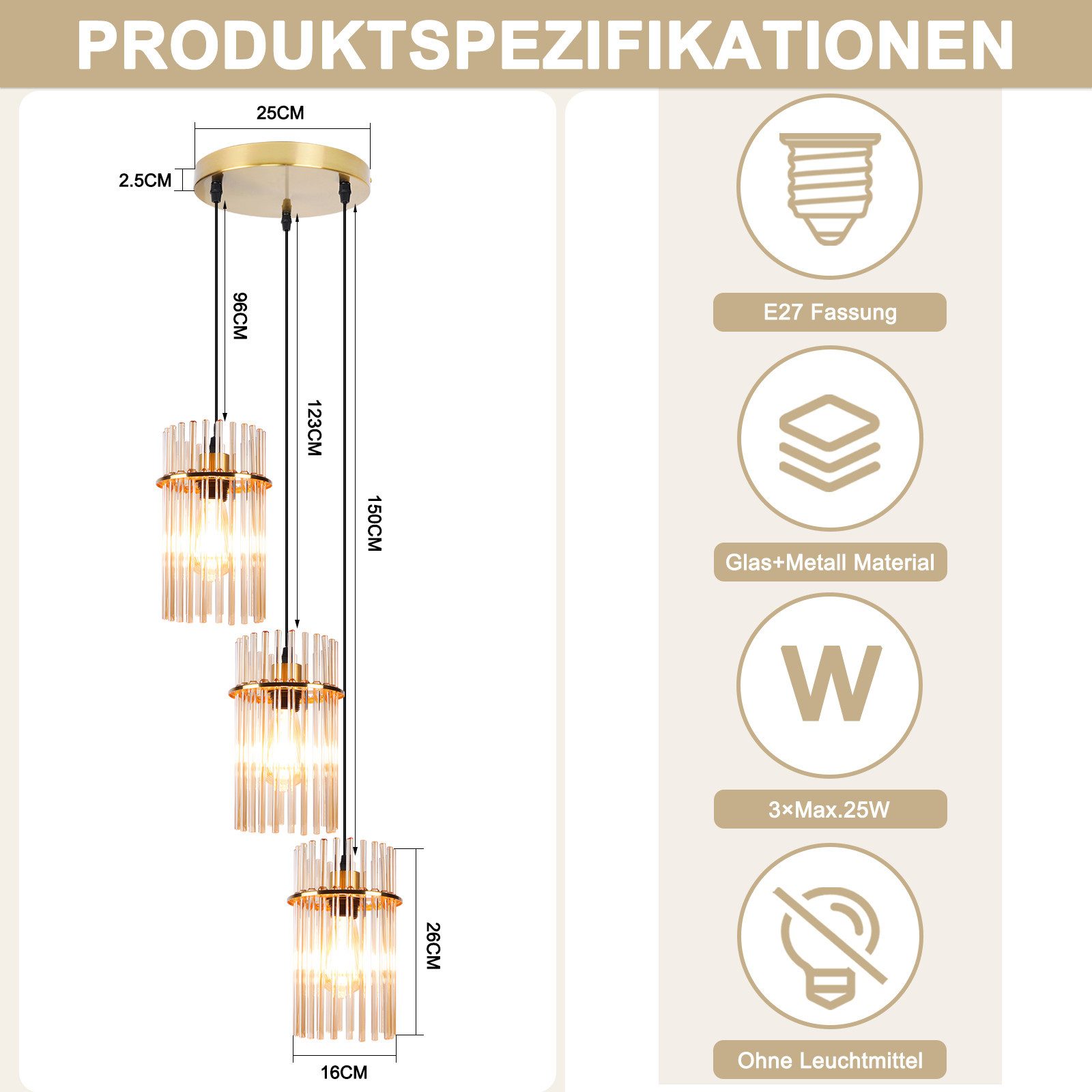 Nettlife LED Pendelleuchte Glas modern Gold/Schwarz E27 Hängelampe 3 Flammig Hängeleuchte 16cm, ohne Leuchtmittel, für esstisch esszimmer Wohnzimmer Küche – Bild 4 von 5