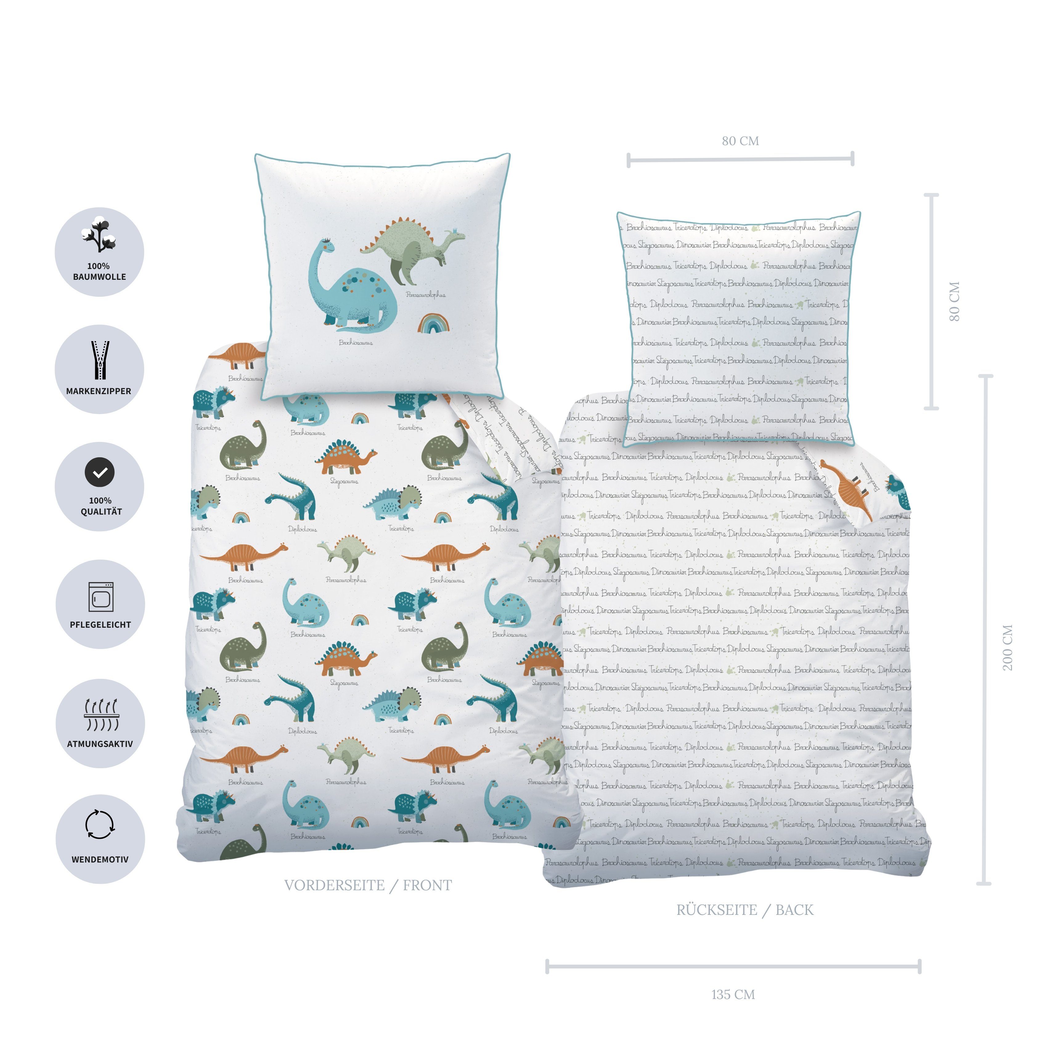 MTOnlinehandel Bettwäsche Dinosaurier Dino Tiere 135x200 + 80x80 cm, 100 % günstig online kaufen