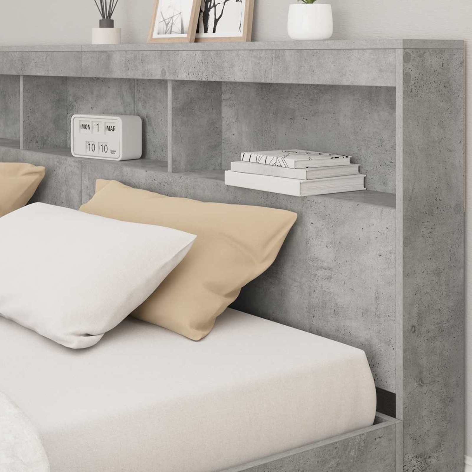 furnicato Bett Bücherregal-217.5 x 197.5 x 76.5 cm Betongrau, L-förmiges Einzelbett mit integriertem Regal für dein Schlafzimmer