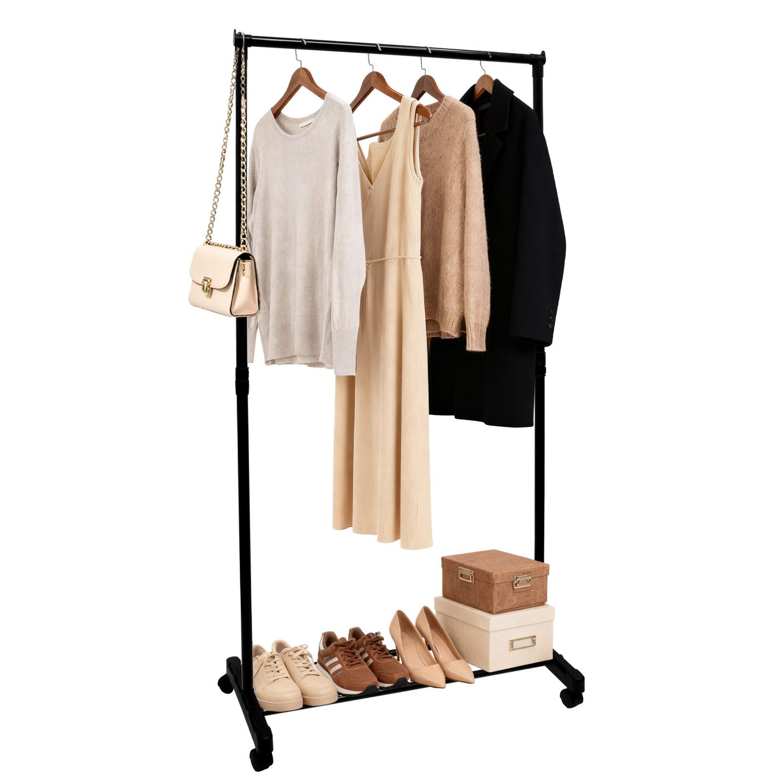 kisidus Kleiderständer Garderobenständer mit 2 Kleiderstangen, 3 Ablagen und Rollen, (Garderobe auf Rollen, seitliche Haken für Accessoires), für Schlafzimmer, Ankleidezimmer, schwarz