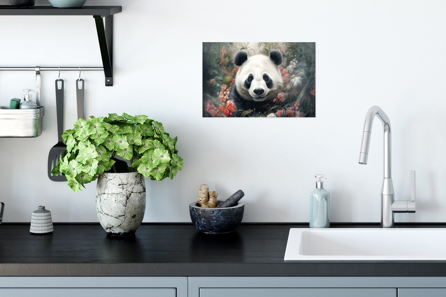 Wandposter - Panda Poster Poster, für St), Ohne MuchoWow - Wohnzimmer, Rahmen (1 Natur, - Wandbild, Blumen Wildtiere