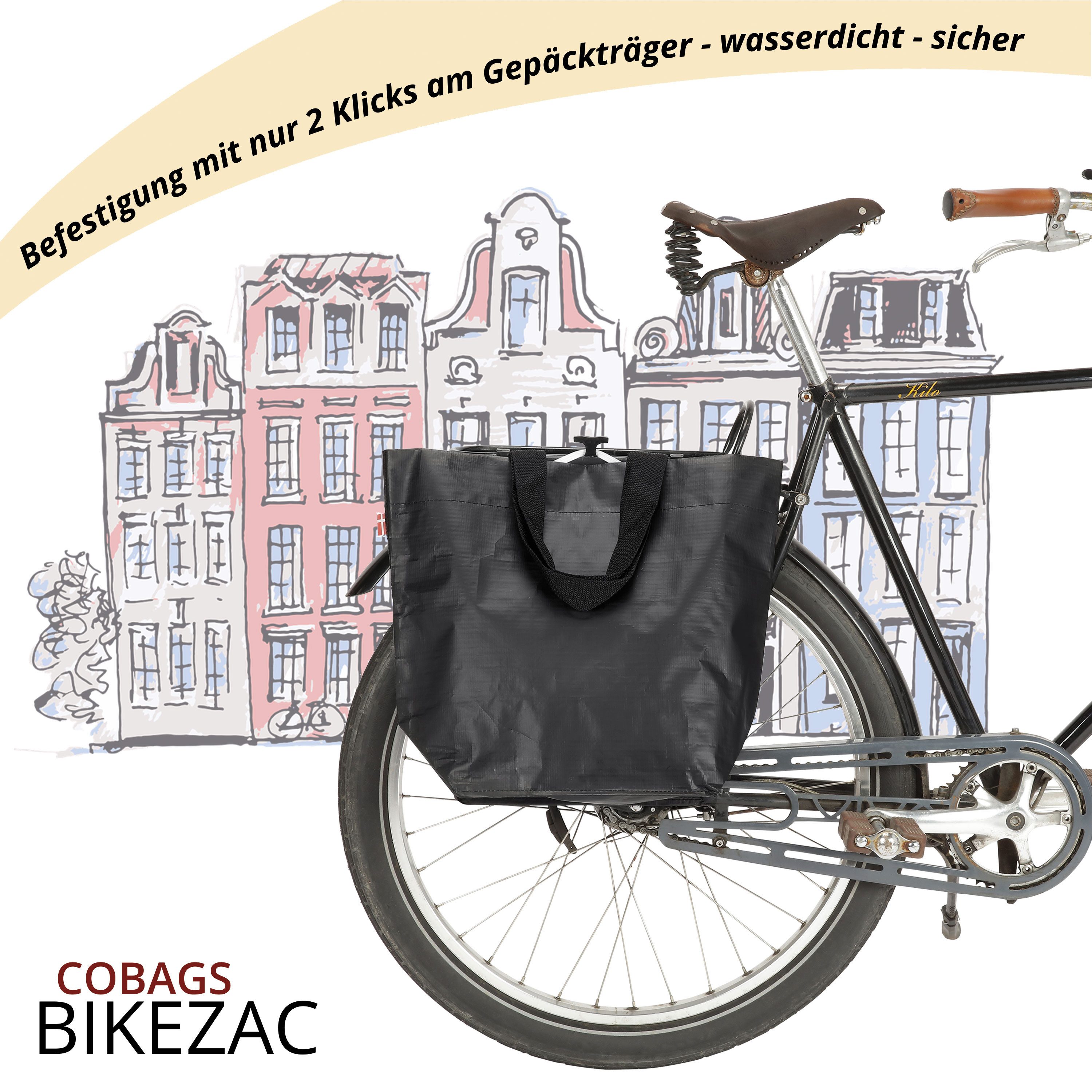 BIKEZAC Shopper 2er Set COBAGS 2.0 Taschen Schwarz – Wiederverwendbar & stabil (Fahrrad Einkaufstasche schwarz – Flach, stabil & umweltfreundlich, Fahrradeinkaufstasche wasserdicht Gepäckträger Einkaufswagen), Stabil & praktisch – Von der Radfahrt direkt in den Supermarkt