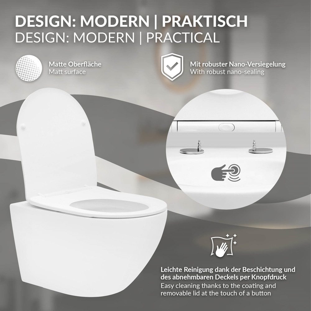 LuxeBath Tiefspül-WC Spülrandloses Hänge WC Keramik mit WC-Sitz abnehmbar Softclose, Toilette Weiß mit Nano Beschichtung lang Lotus Effekt