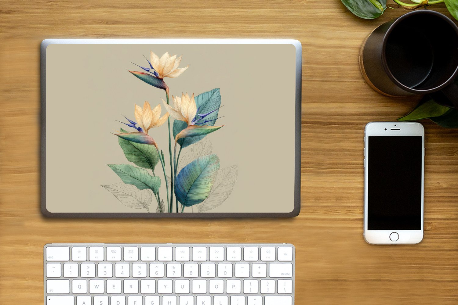MuchoWow Laptop-Aufkleber Paradiesvogelblüten - Blaugrüne Blätter - Beige, (1tlg), Laptop Folien Cover, Aufkleber, Sticker, Schutz vor Kratzern, 25x18 cm