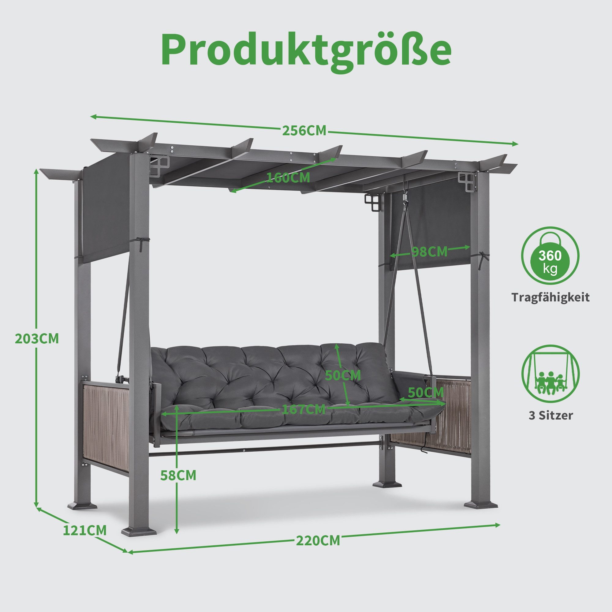 MCombo Hollywoodschaukel M MCombo Pergola Hollywoodschaukel mit Liegefunktion 4067, 3-Sitzer, Gartenpavillon, mit Ausziehbarem Sonnendach, Extradickem Sitzkissen