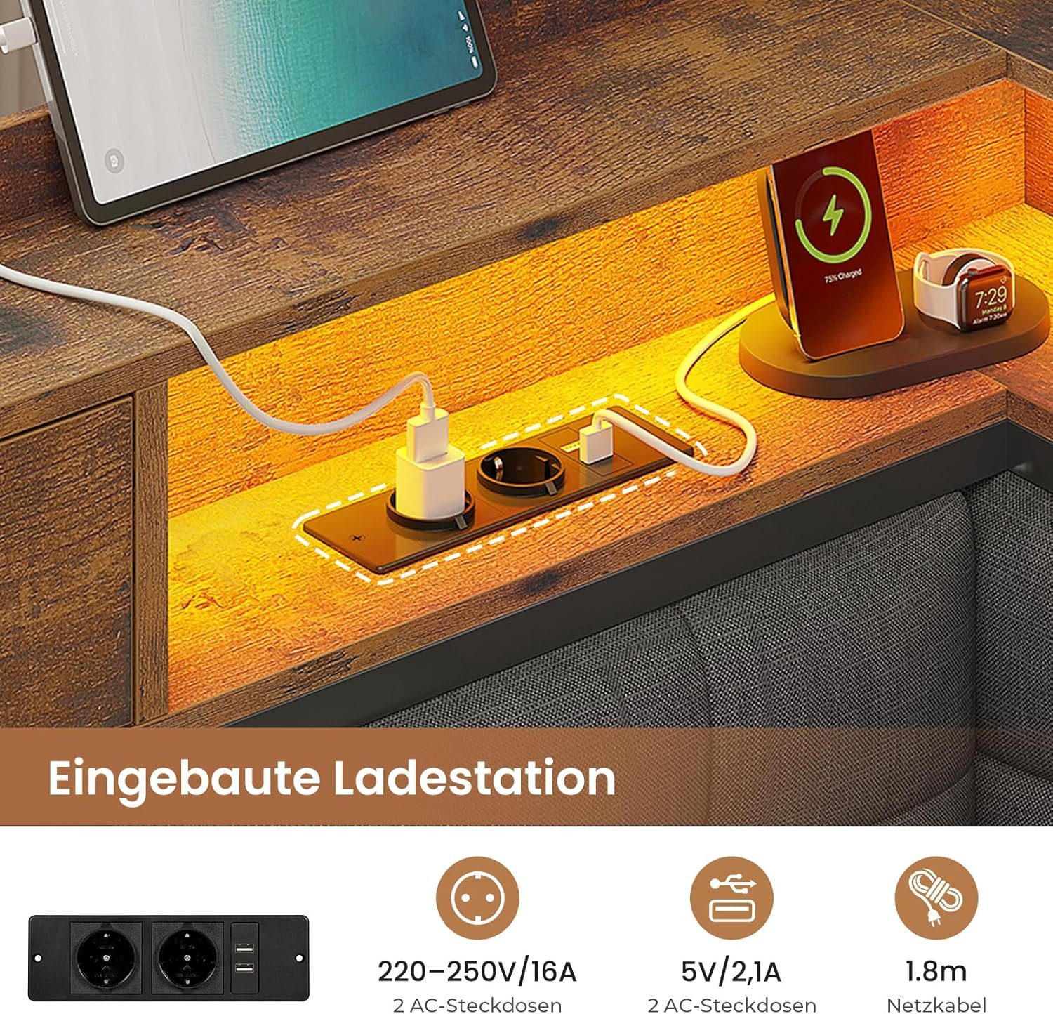 MSMASK Daybett Polsterbett Jugendbett mit LED-Beleuchtung und USB-Ladestation, Bettgestell mit Lattenrost aus Metall, 90 x 200 cm – Bild 5 von 5