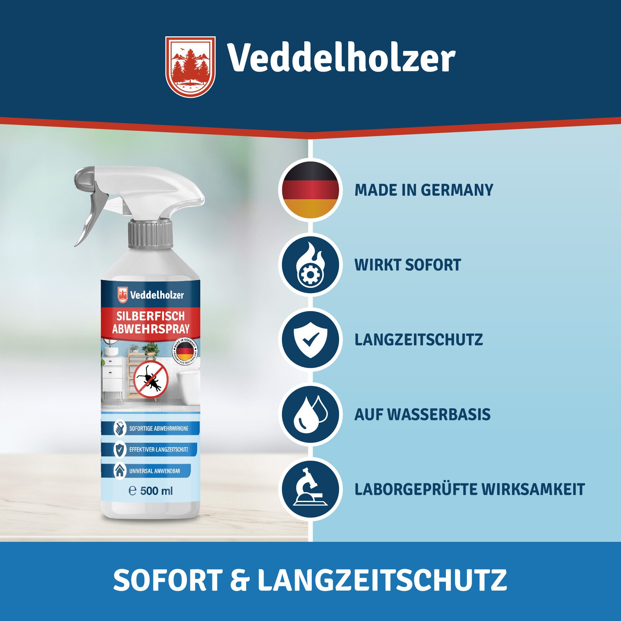 Veddelholzer Insektenspray 500 ml Papier- & Silberfisch Abwehrspray Laborgeprüfte Wirksamkeit, 500 ml, sofort und Langzeitschutz Effektiv & Dauerhaft, Silberfische bekämpfen optimale Alternative zu Silberfisch Köderdose