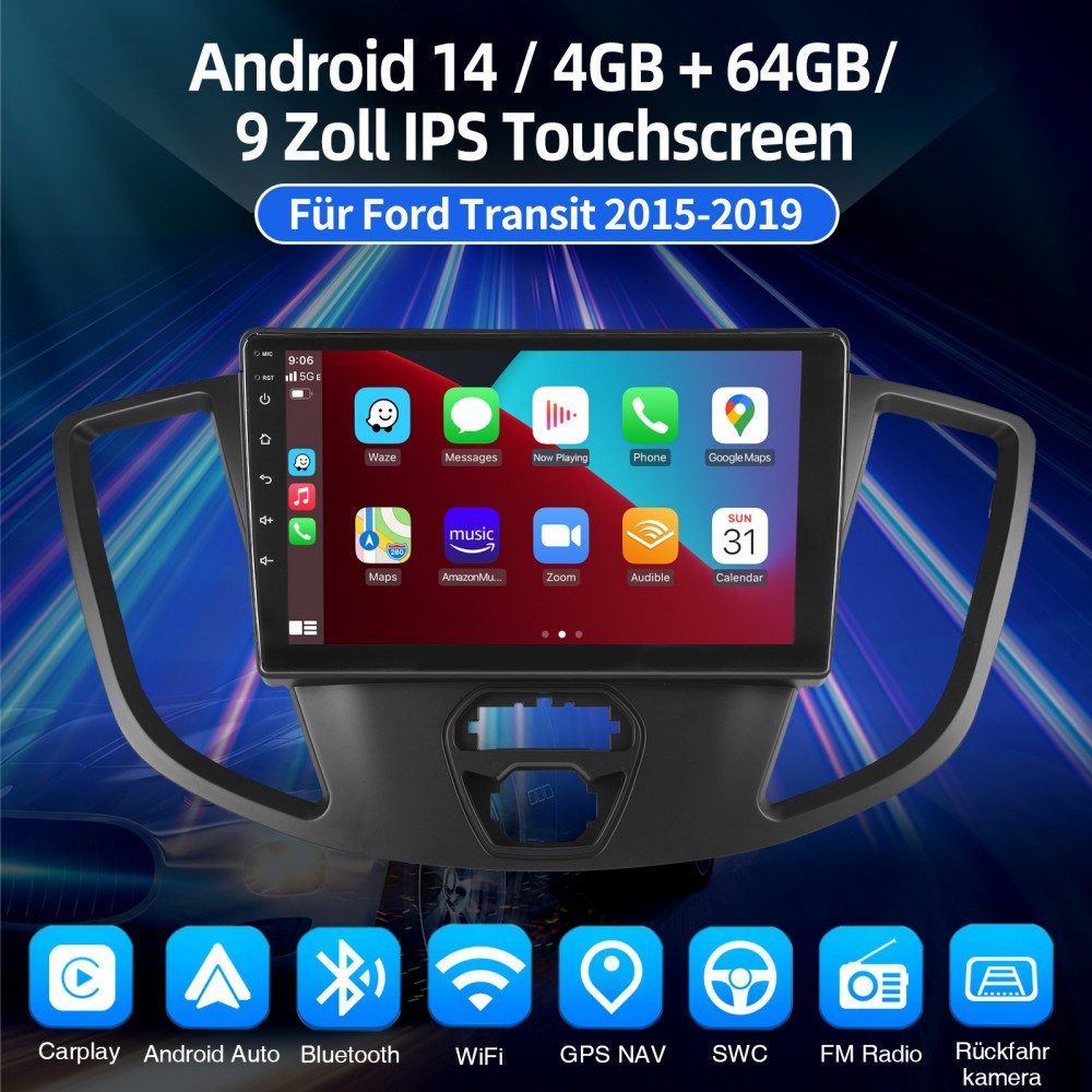 ESSGOO DAB+ Für Ford Transit 2015-2018 Android 15 GPS Navi CarPlay WIFI BT Autoradio (RDS, 4+64GB(optional), FM, AM, DAB+ (optional), GPS Navi Android Auto Bluetooth EQ USB WIFI IPS Touchscreen)