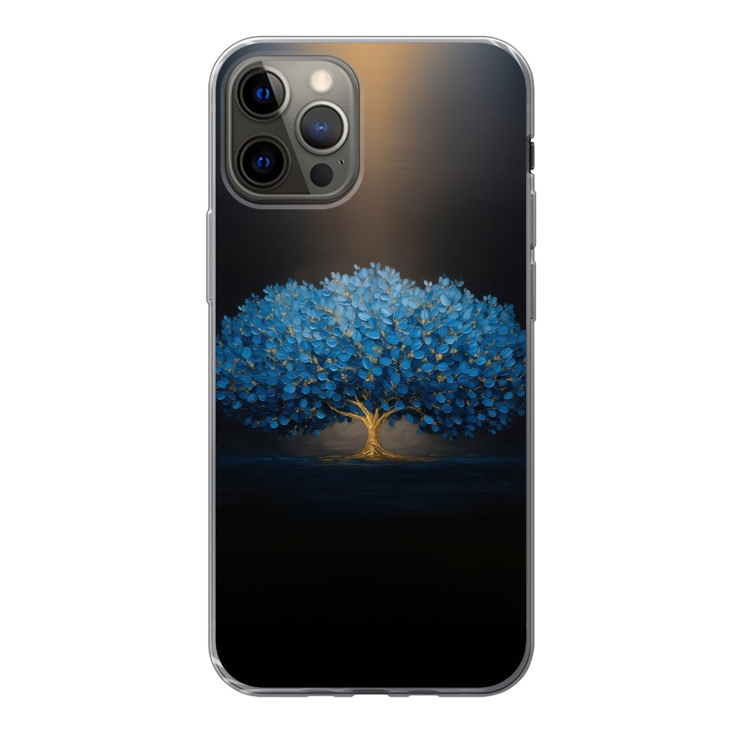MuchoWow Handyhülle für Apple iPhone 12 Pro Baum - Blau - Blätter - Pinselstriche, Smartphone-Bumper, Print, Handy Schutzhülle Dünn