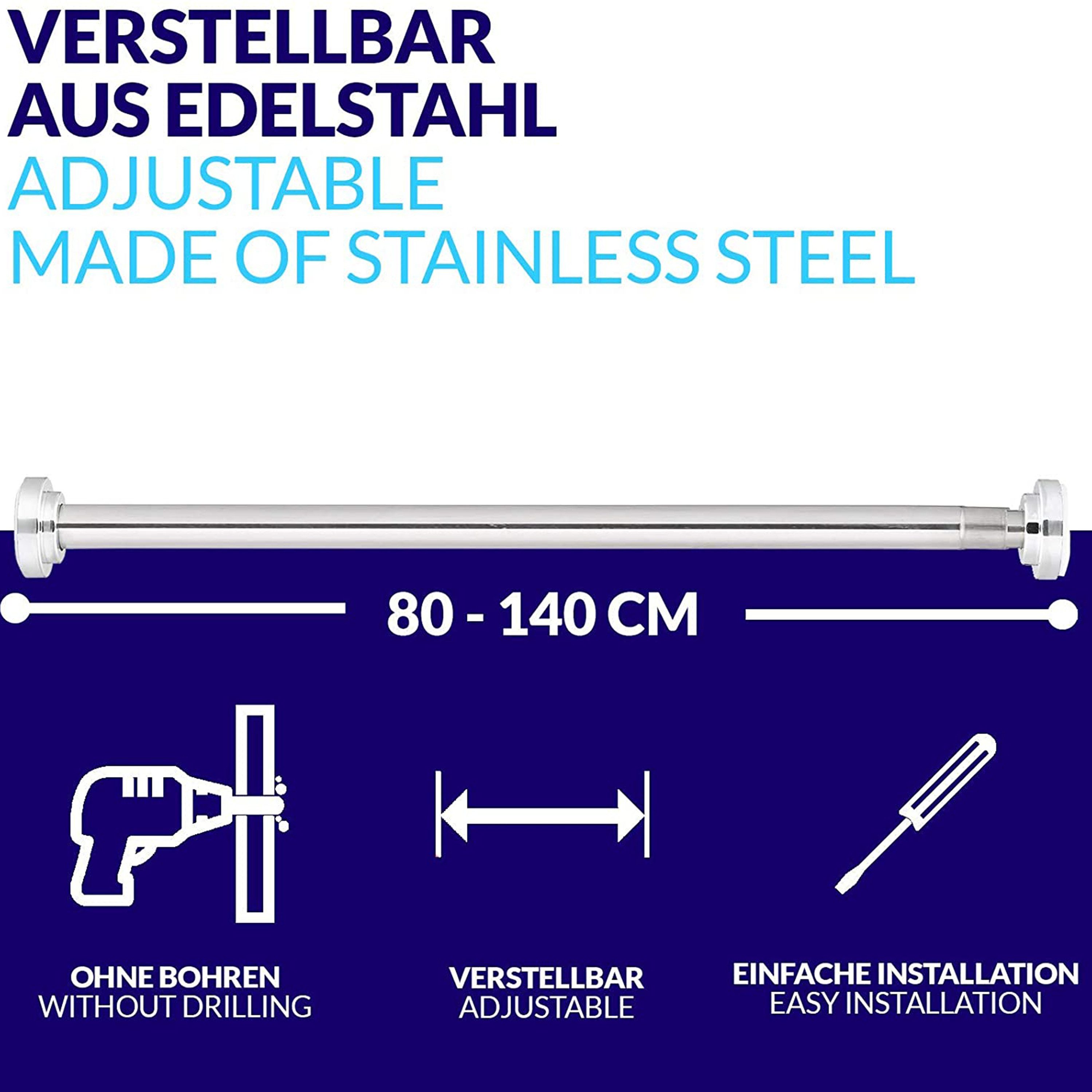 Praknu Duschvorhangstange Duschvorhangstange ohne Bohren - Ausziehbar 80 bis 140cm, Ø 2 mm, 10-läufig, ausziehbar, Spannung Montage, Drehsystem, Edelstahl, 80 b – Bild 3 von 5