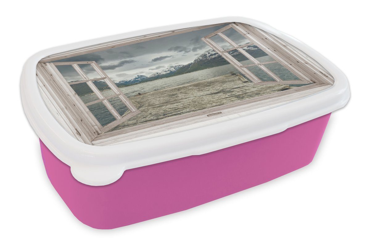 MuchoWow Lunchbox Ausblick - Gerüstbau - Berg, Kunststoff, (2-tlg), Brotbox für Erwachsene, Brotdose Kinder, Snackbox, Mädchen, Kunststoff rosa