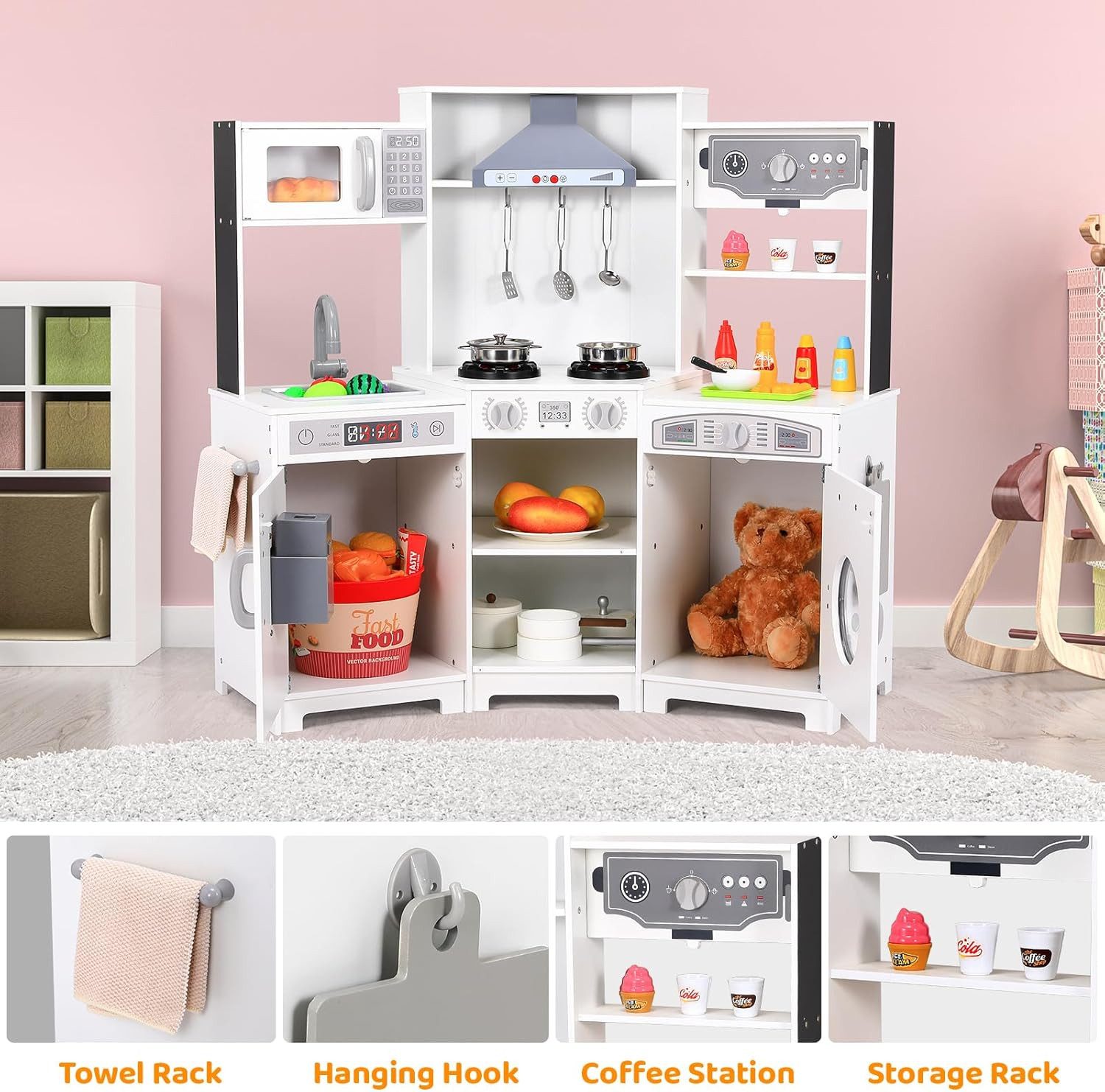 TLGREEN Kinder-Küchenset Kinderküche Holz, Spielzeugküchen XXL, (102x30x92 cm), Spielküche mit Sound und Licht, inkl. Spielzubehör