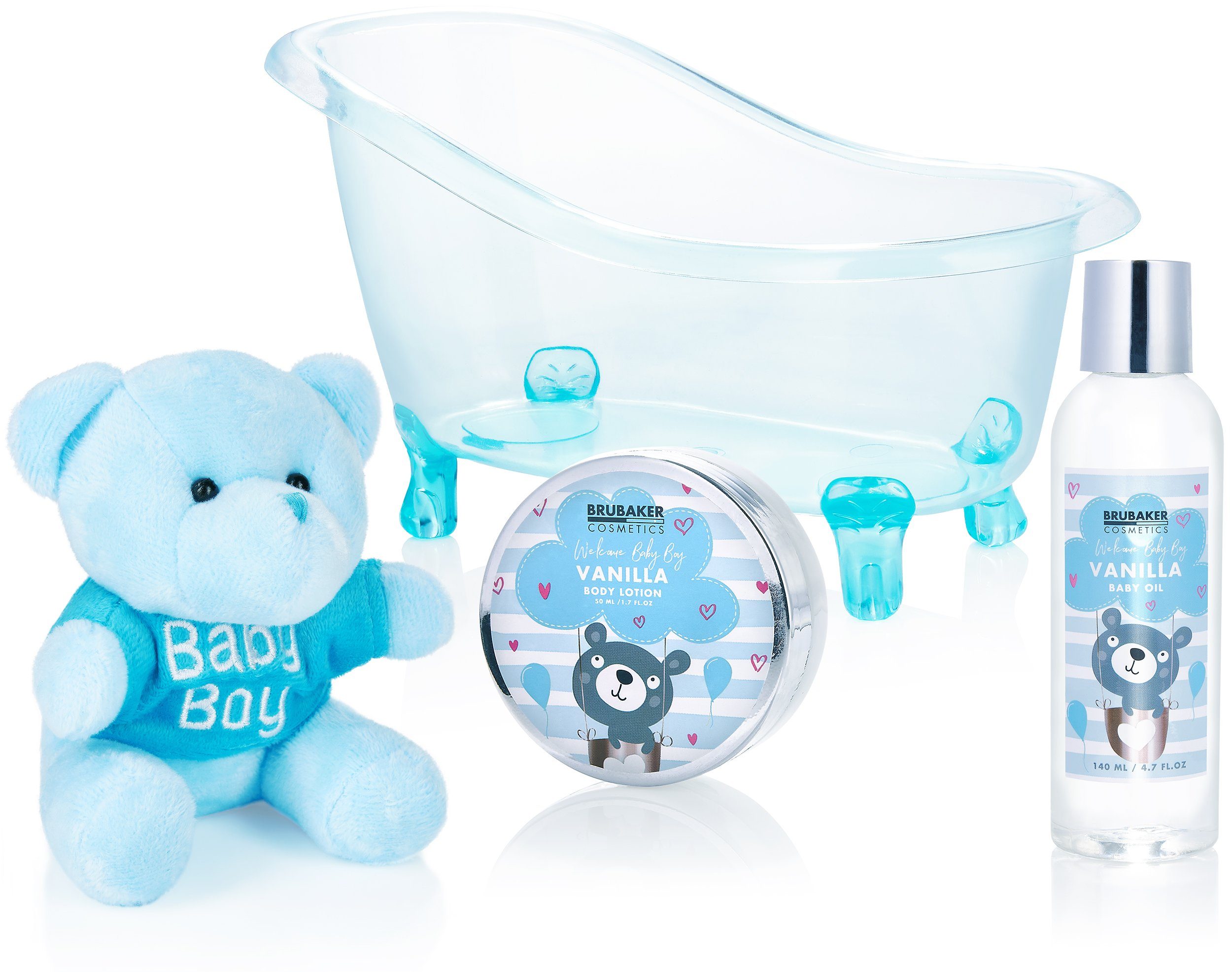 BRUBAKER Babypflege-Set Baby Geschenkset mit Teddy Kuscheltier in Deko Badewanne, 7 tlg., Set für Jungen und Mädchen - Baby Pflegeset Geschenk zur Geburt